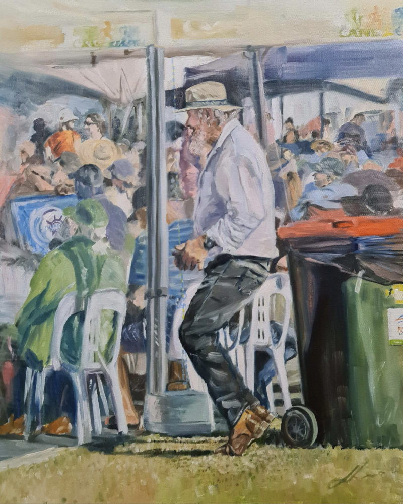 Man Dancing By Rubbish Bin At Festival