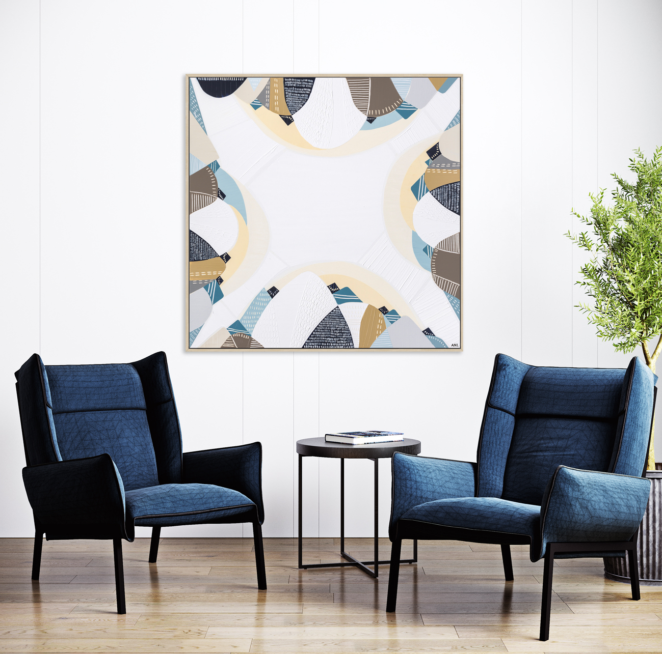 Modern Luxury Living Room Interior, Dark Blue Armchair On Wooden