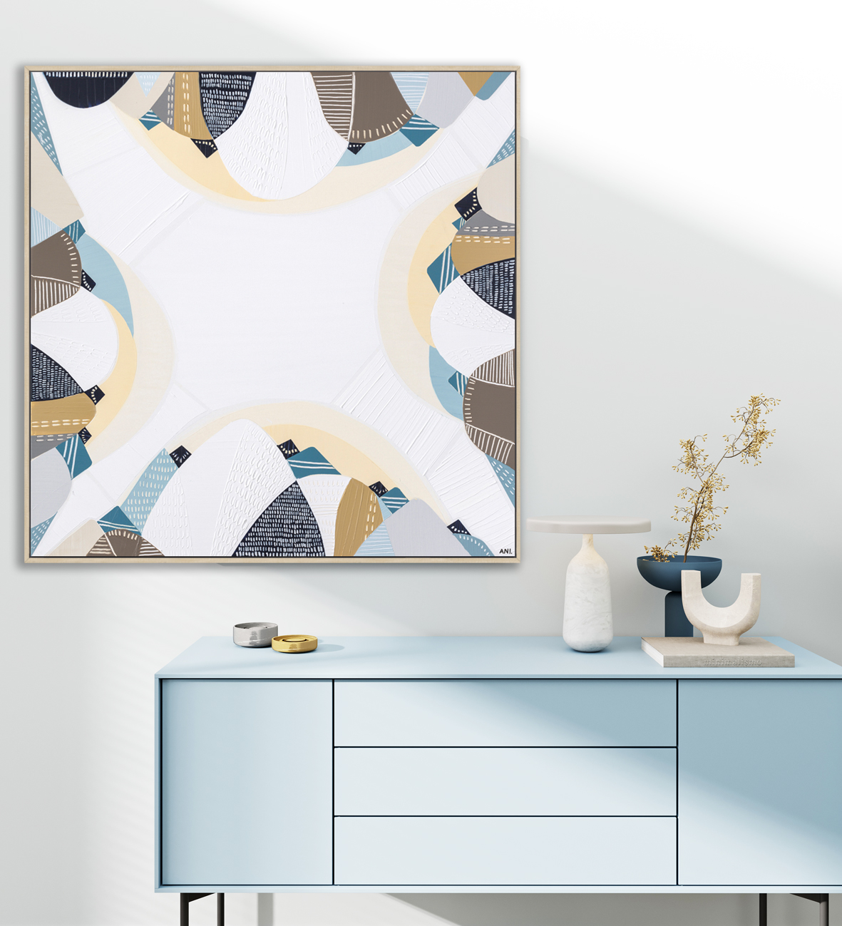 Mock Up Frame In Home Interior Background, White Wall With Blue