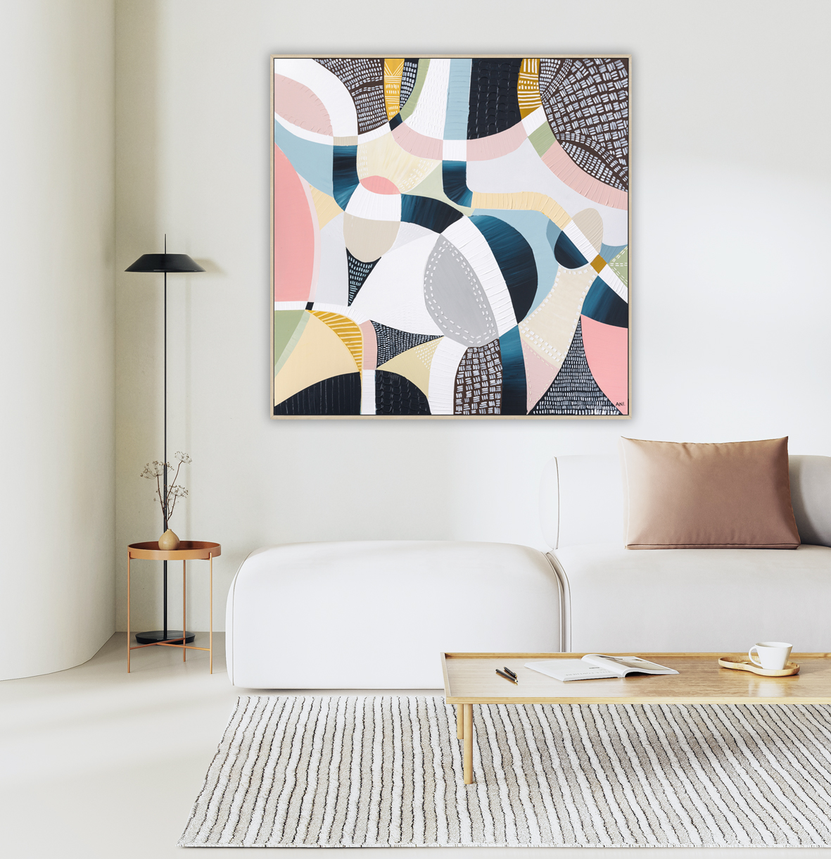 Minimalist Living Room Interior With Curvy Wall, Sofa With Pillows And Beige Plasters Walls, Coffee Table On Rug, Floor Lamp. Interior Mockup, 3d Render