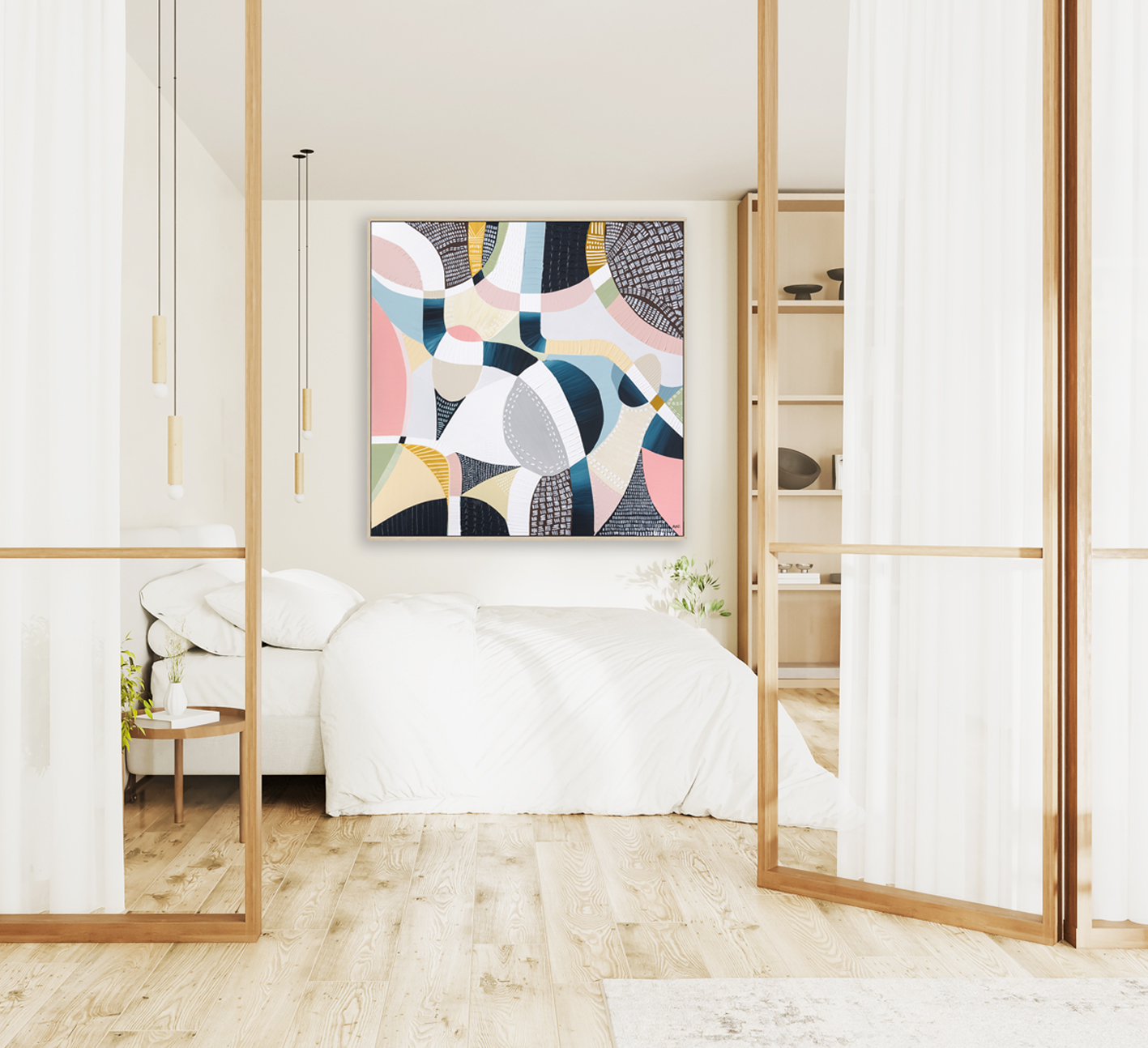 Bright Bedroom Interior With Glass And Wooden Partition Doors, 3d Render