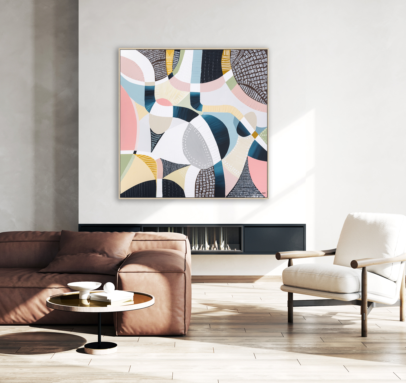 Modern Living Room Interior Mockup With Leather Sofa, Armchair A