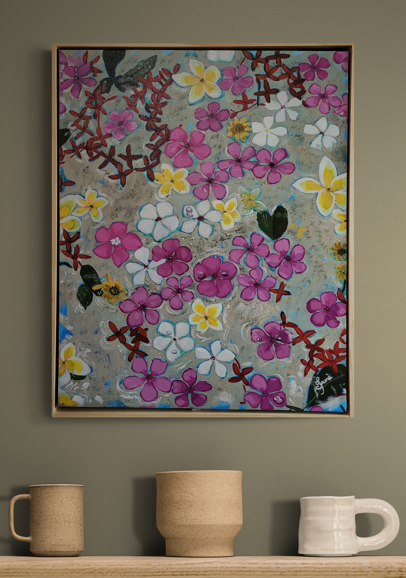 Ceramic Mugs On A Wooden Shelf 5