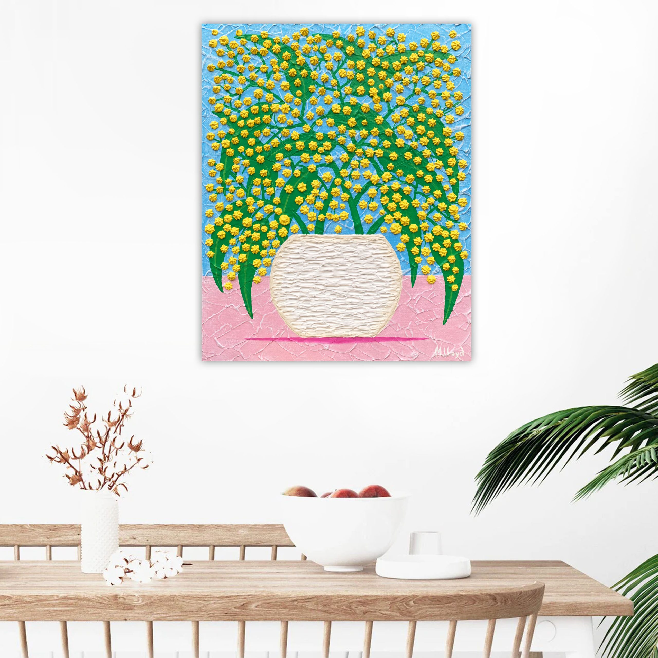 Lounge 2 Wattle Flowers In A Vase Pink Table Miranda Lloyd Artist Australia