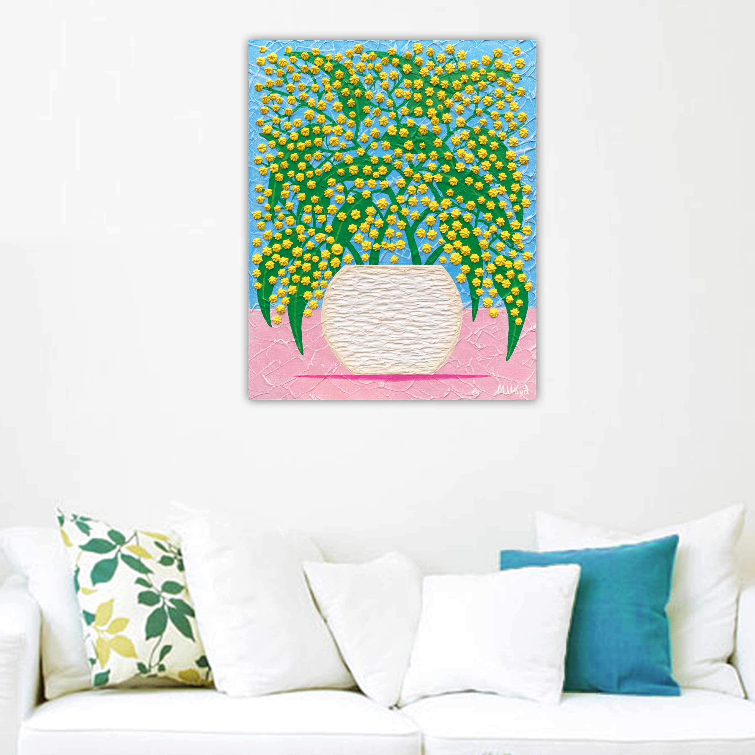 Lounge 1 Wattle Flowers In A Vase Pink Table Miranda Lloyd Artist Australia