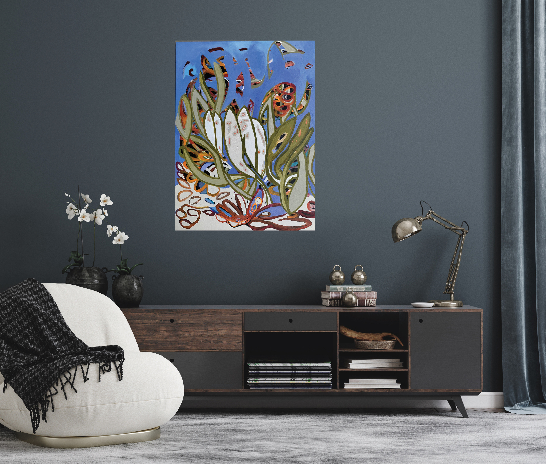 Kim Rees Caterpillar Lounge Blue Wall Insitu