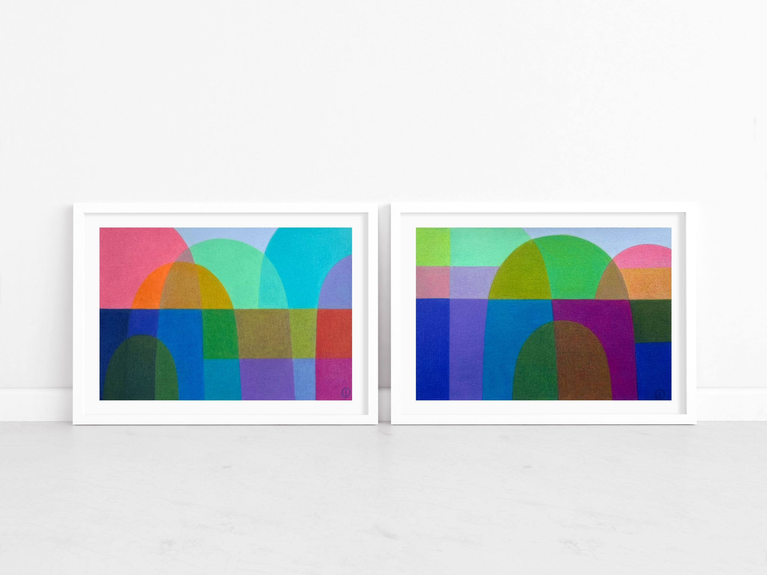 Charlotte De Pace Happy Place I & Ii White Frames Against Wall Art Lovers Australia