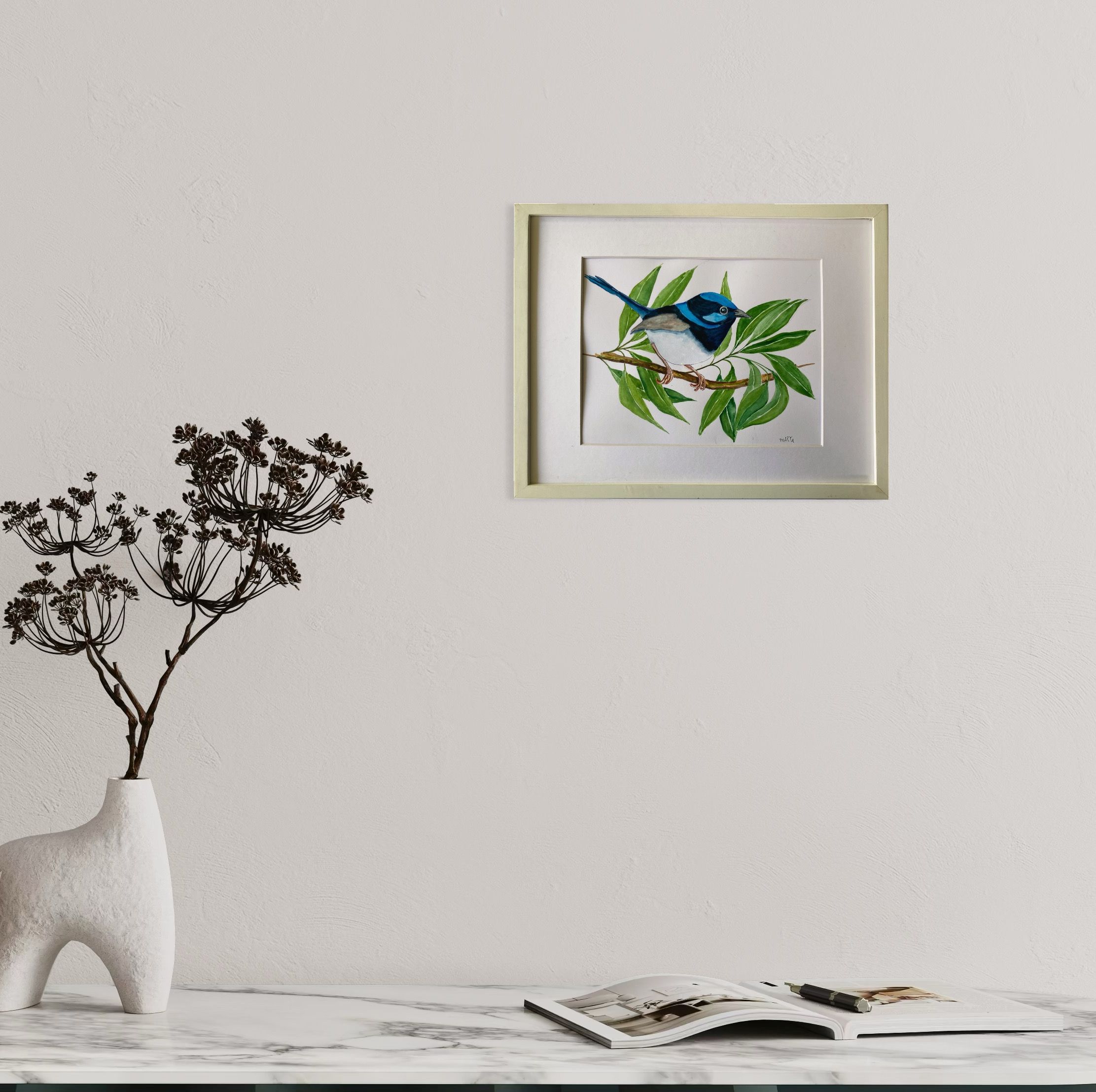 Mbj 414 Blue Fairy Wren Couple White Landscape Frame