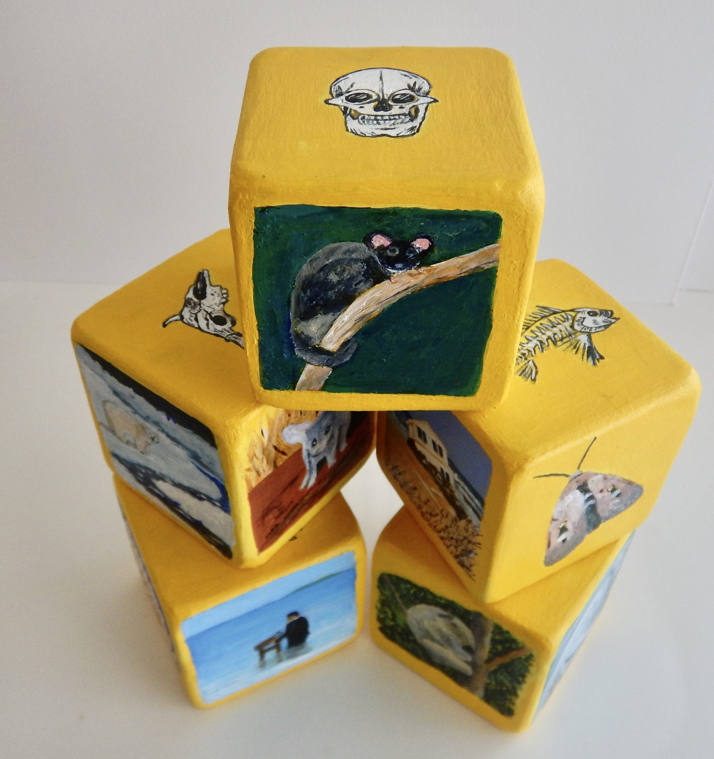 Lyn Graham Burn More Coal Roll The Dice 8 Acrylic On Wooden Blocks 7 X 7 X 7cm