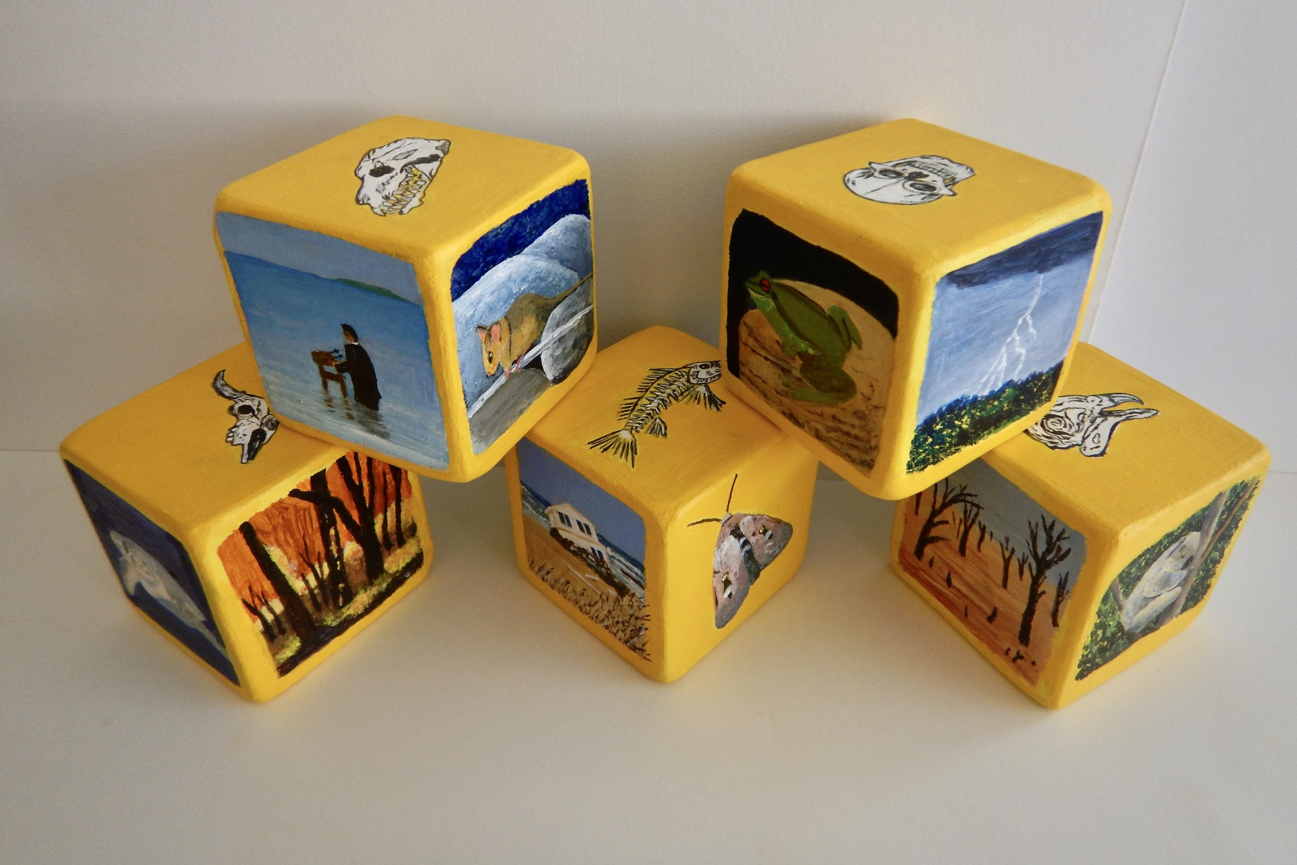 Lyn Graham Burn More Coal Roll The Dice 3 Acrylic On Wooden Blocks 7 X 7 X 7cm