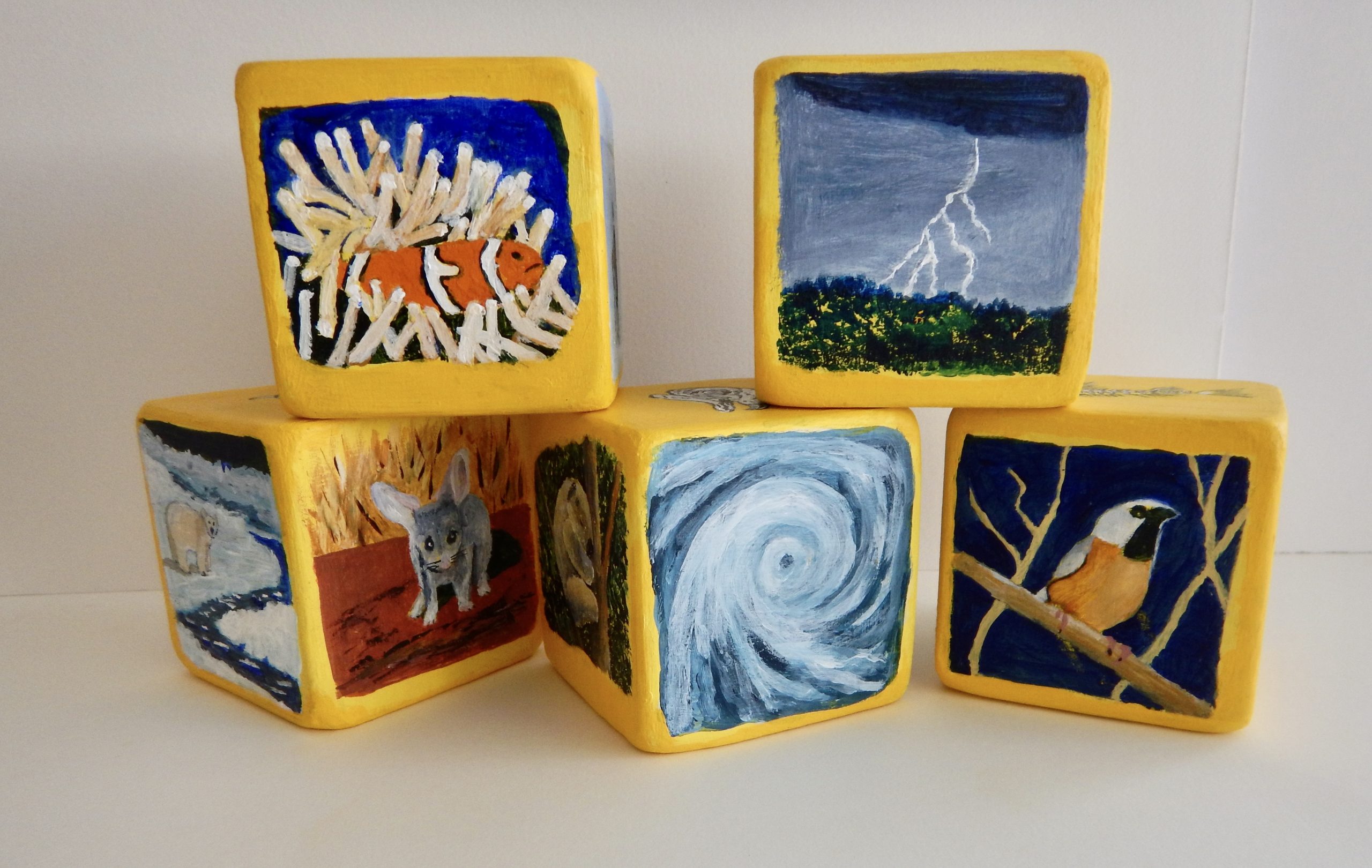 Lyn Graham Burn More Coal Roll The Dice 5 Acrylic On Wooden Blocks 7 X 7 X 7cm