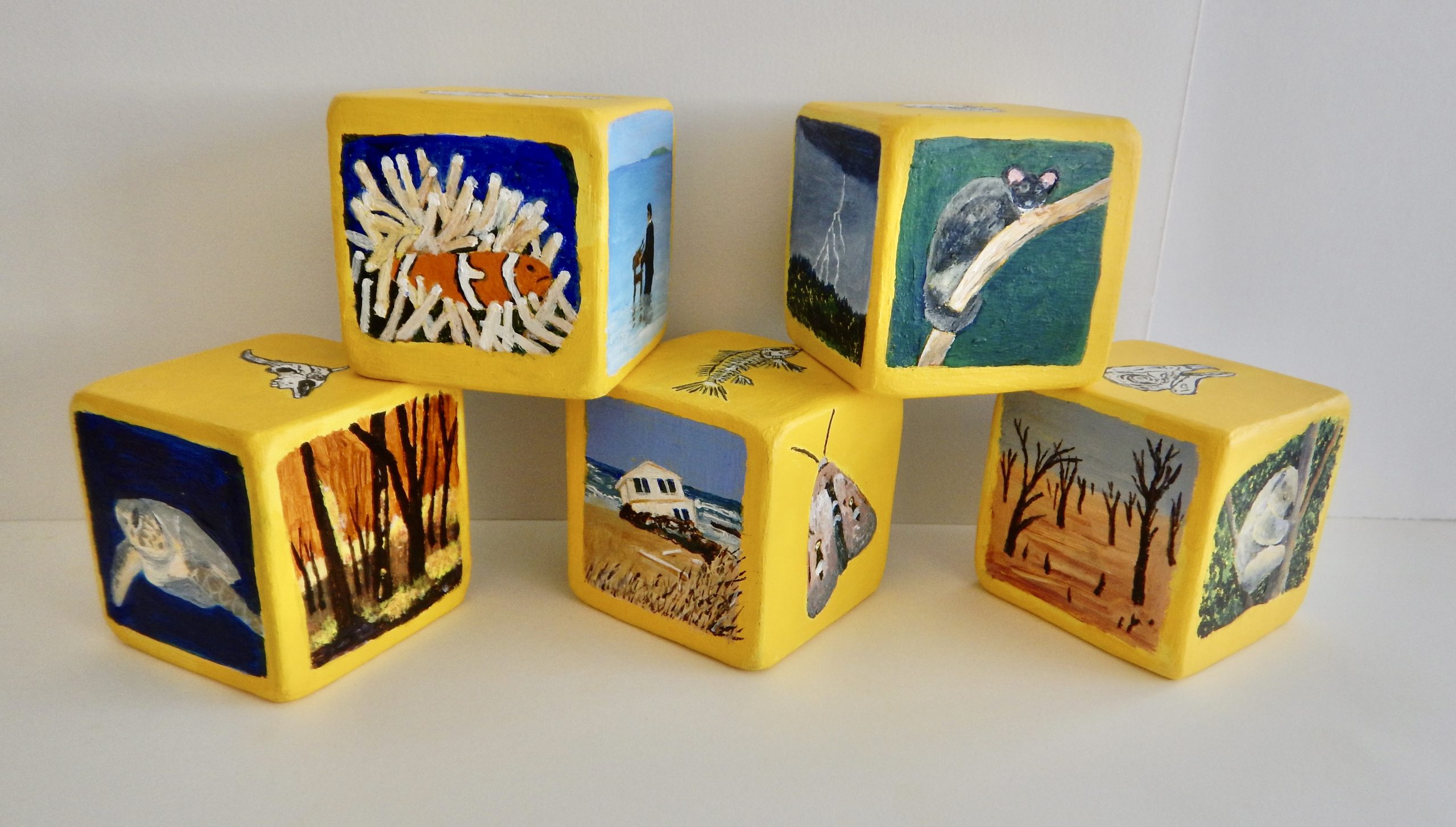 Lyn Graham Burn More Coal Roll The Dice 4 Acrylic On Wooden Blocks 7 X 7 X 7cm