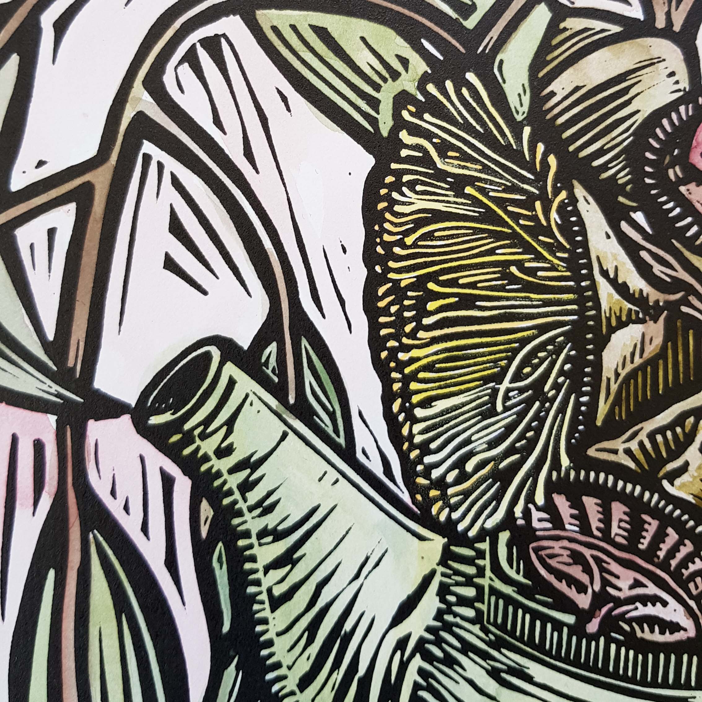 Coffee Pot Florals By Nicola Cowie Linocut