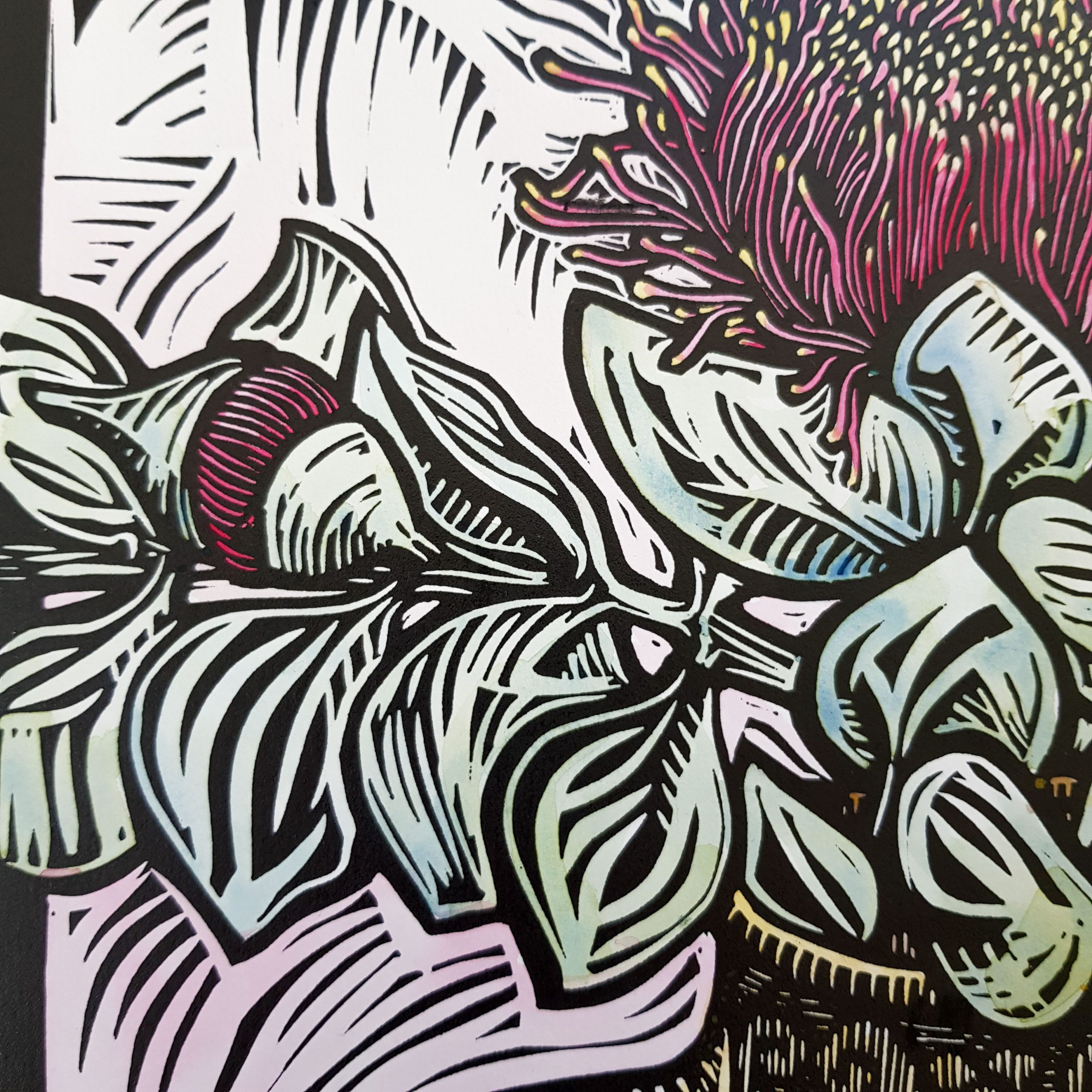 Coffee Pot Florals 2 By Nicola Cowie Linocut