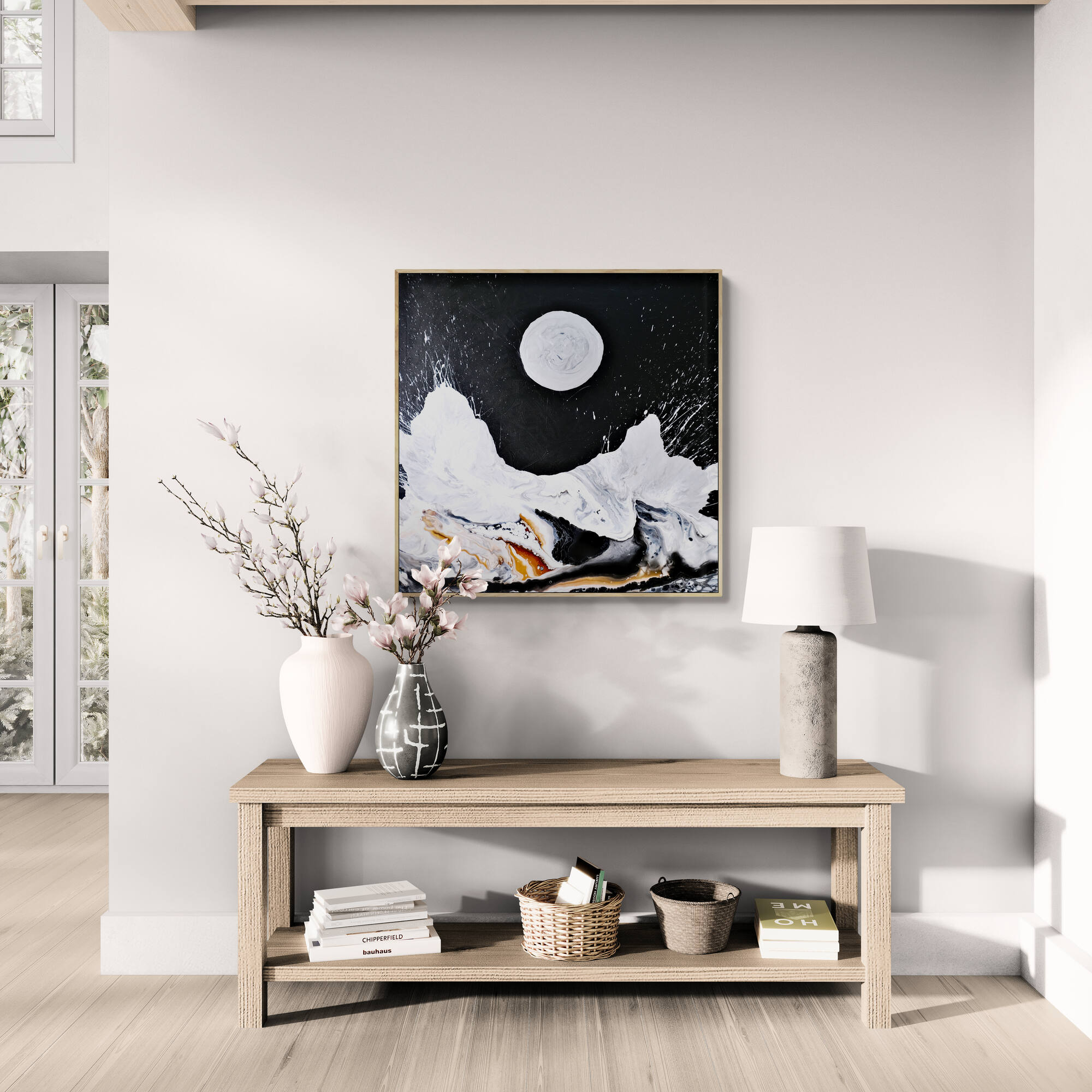 New Moon Living Area With Wooden Console Table