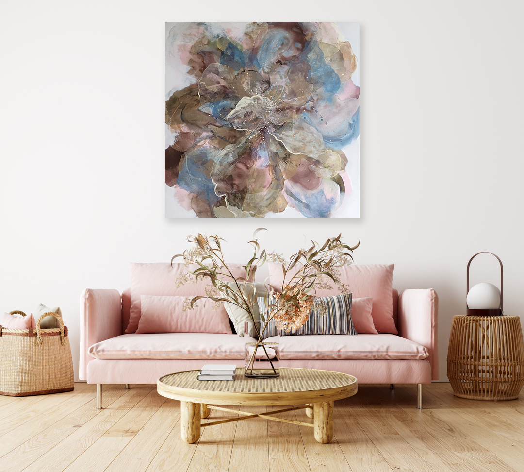 Modern Interior Design Of Living Room With Pink Sofa, Dry Plants Decoration And Empty White Mock Up Wall Background