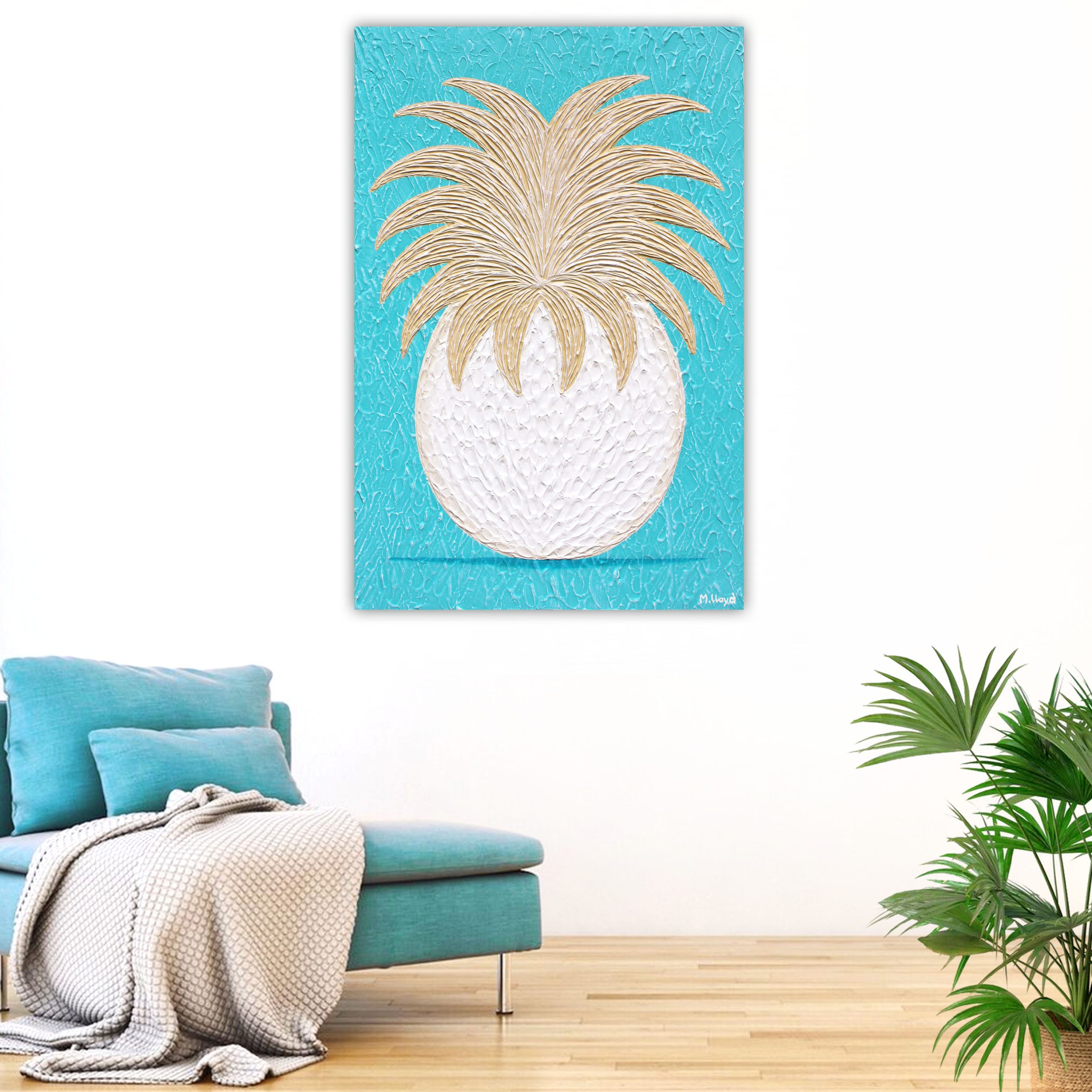 Lounge 2 Pineapple Tropical Beach Blues Textured Impasto Abstract Miranda Lloyd