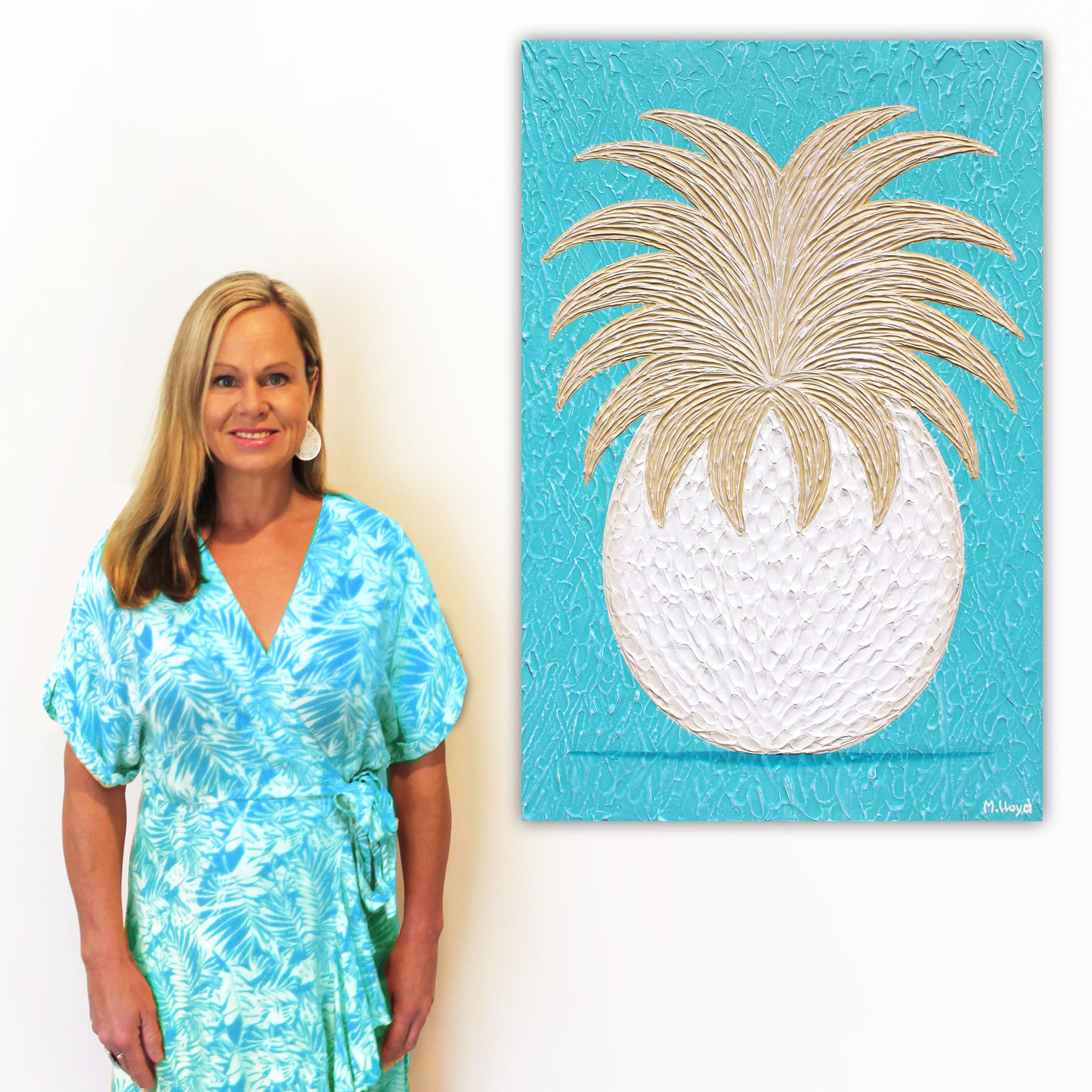 Miranda Profile Pineapple Tropical Beach Blues Textured Impasto Abstract Miranda Lloyd