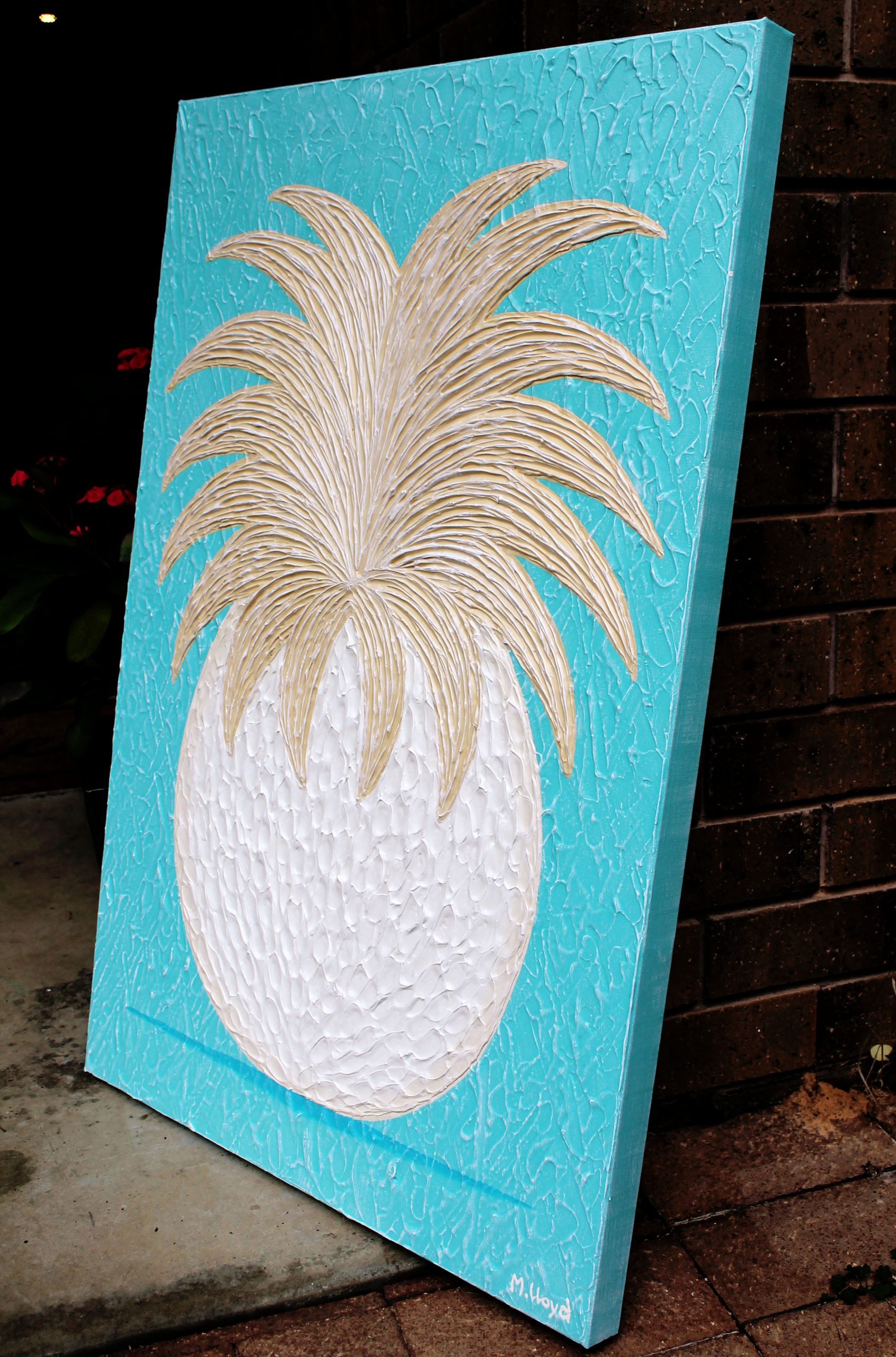 Side Pineapple Tropical Beach Blues Textured Impasto Abstract Miranda Lloyd