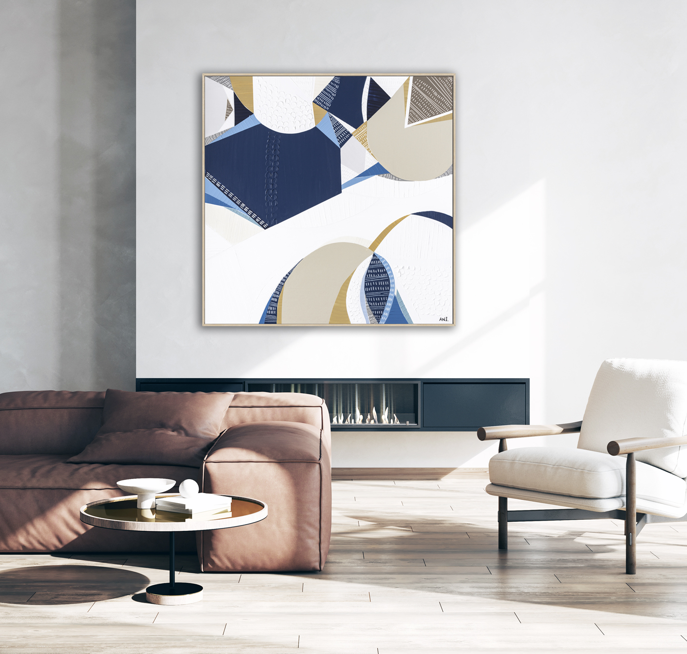 Modern Living Room Interior Mockup With Leather Sofa, Armchair A