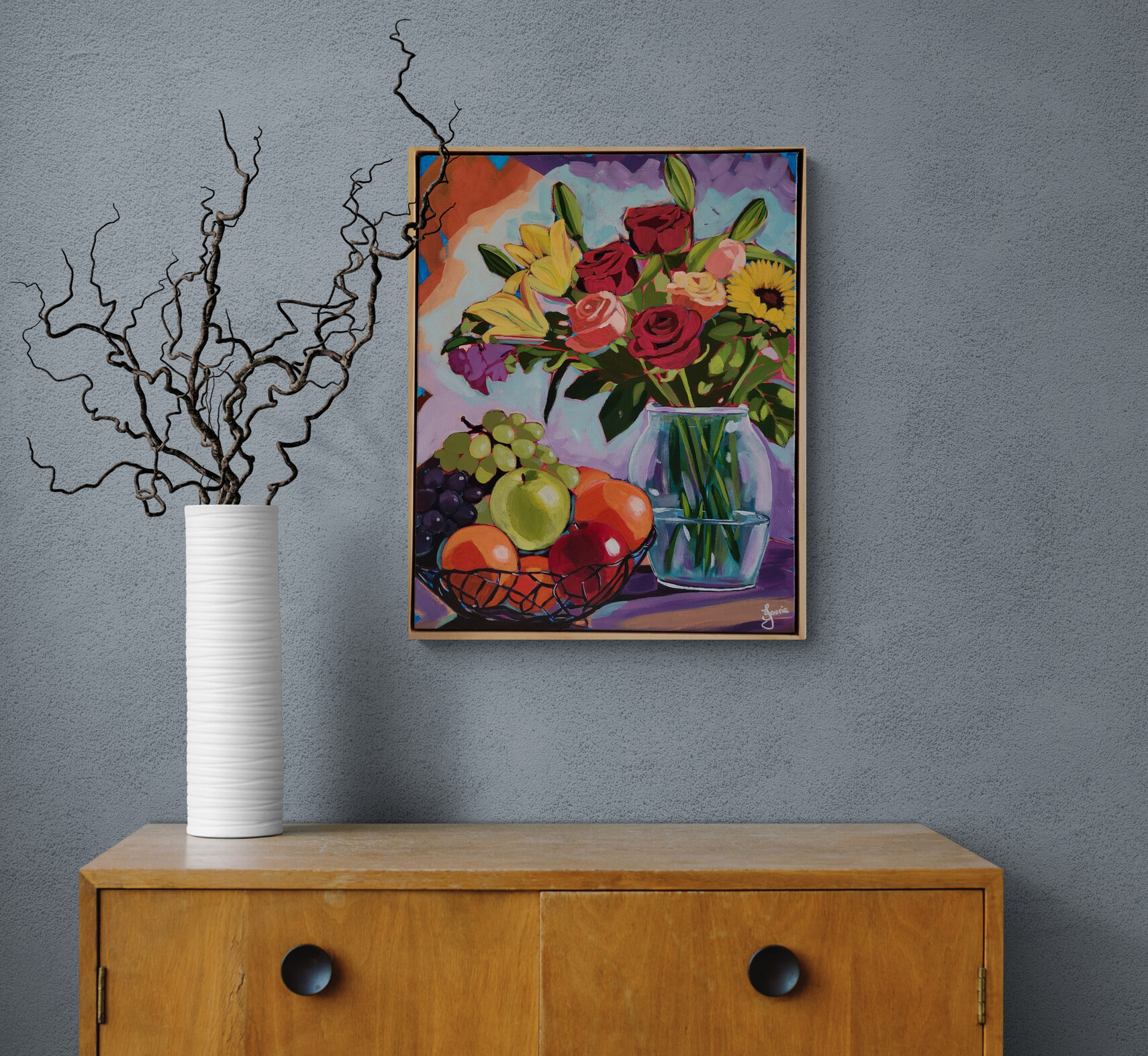 Curly Twigs In Vase Sitting On Cabinet