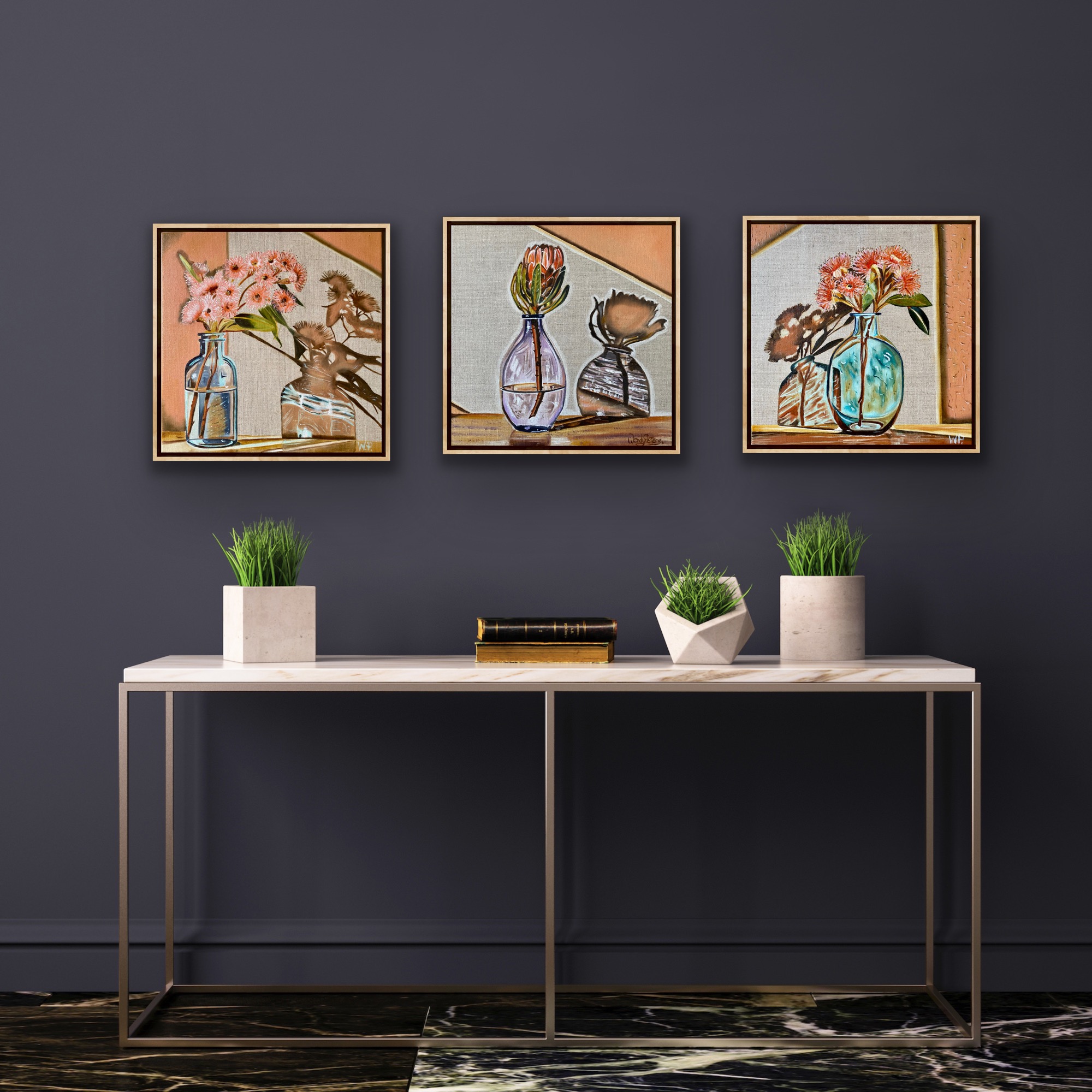 Blue Vase And Gum Nuts Triptych Wendy Peters