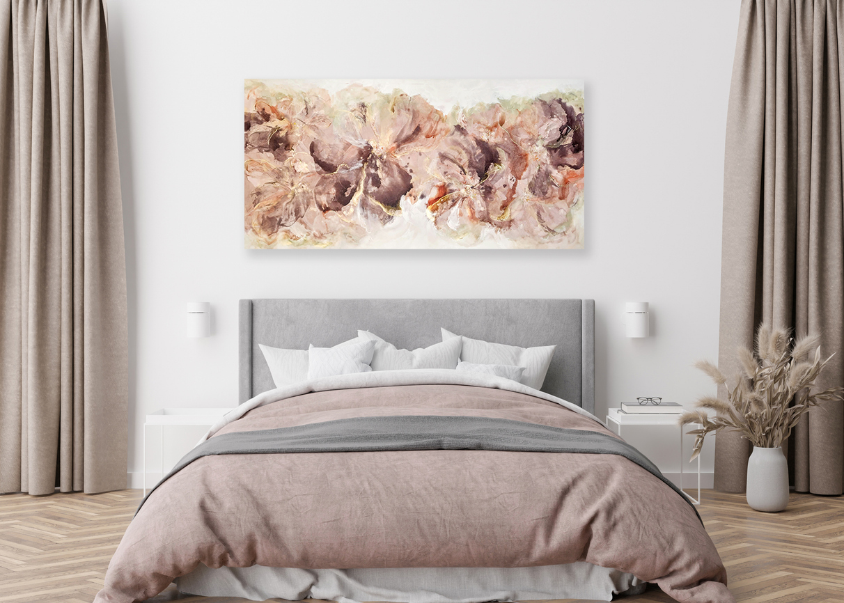 Empty White Wall In Modern And Cozy Bedroom. Mock Up Interior In Minimalist, Contemporary Style. Free Space, Copy Space For Your Picture, Text, Or Another Design. Bed, Pampas Grass. 3d Rendering.