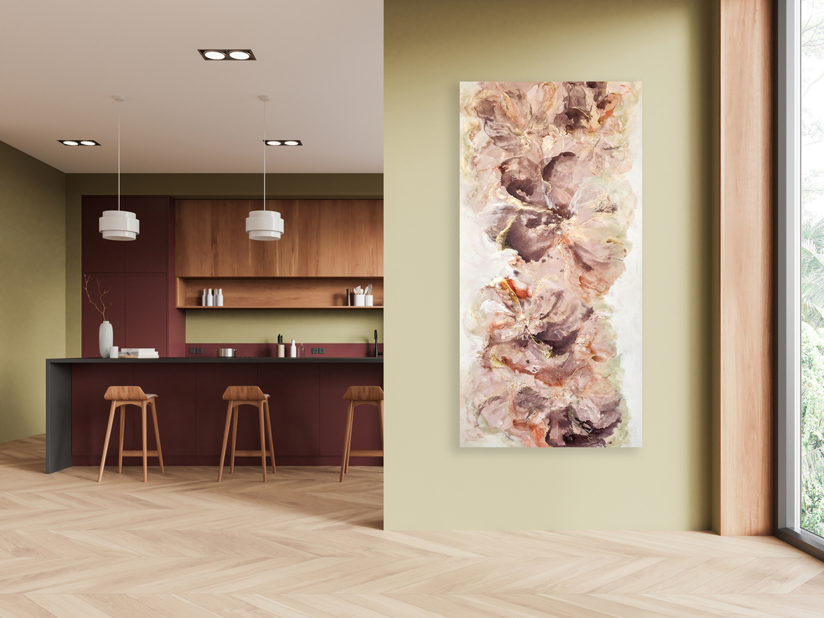 Stylish Home Kitchen Interior With Bar Island And Chairs, Window. Mock Up Wall