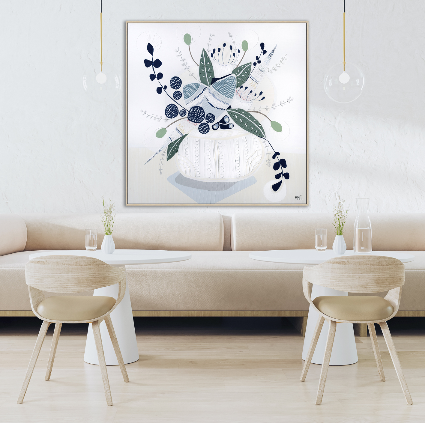 Modern Cafe Interior In Beige Tones With White Stone Walls, Wooden Floor, Sofa And Round Coffee Tables. 3d Render