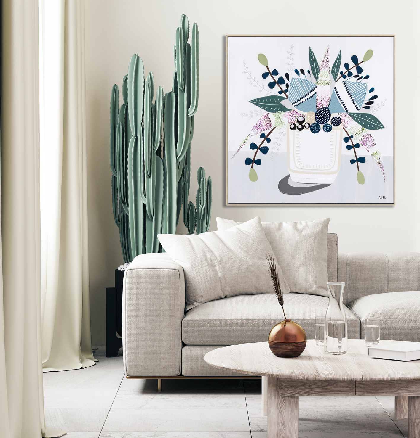 Modern Living Room Interior In Beige Tones With Sofa And Coffee Table, Curtains And Cactus On Background, 3d Render