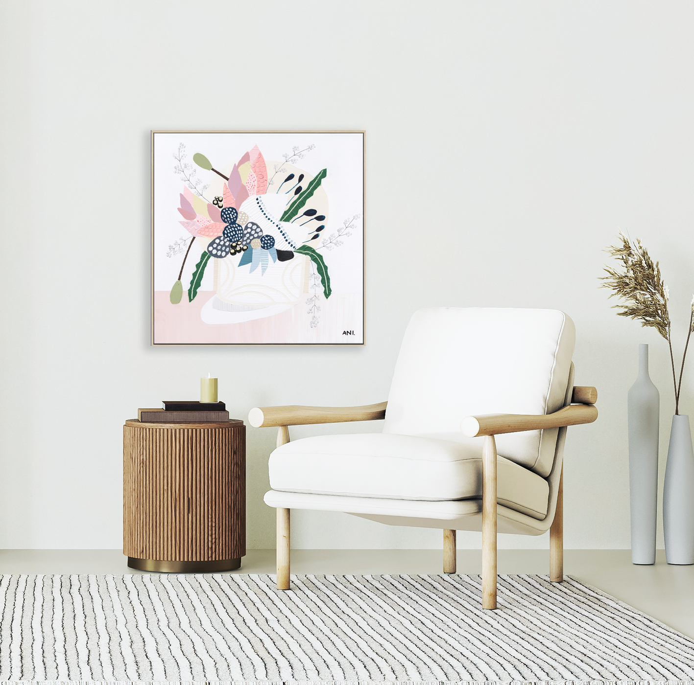 Beige Contemporary Minimalist Interior With Curvy Wall ,armchair, Blank Wall, Coffee Table, Rug And Decor. 3d Render Illustration Mockup