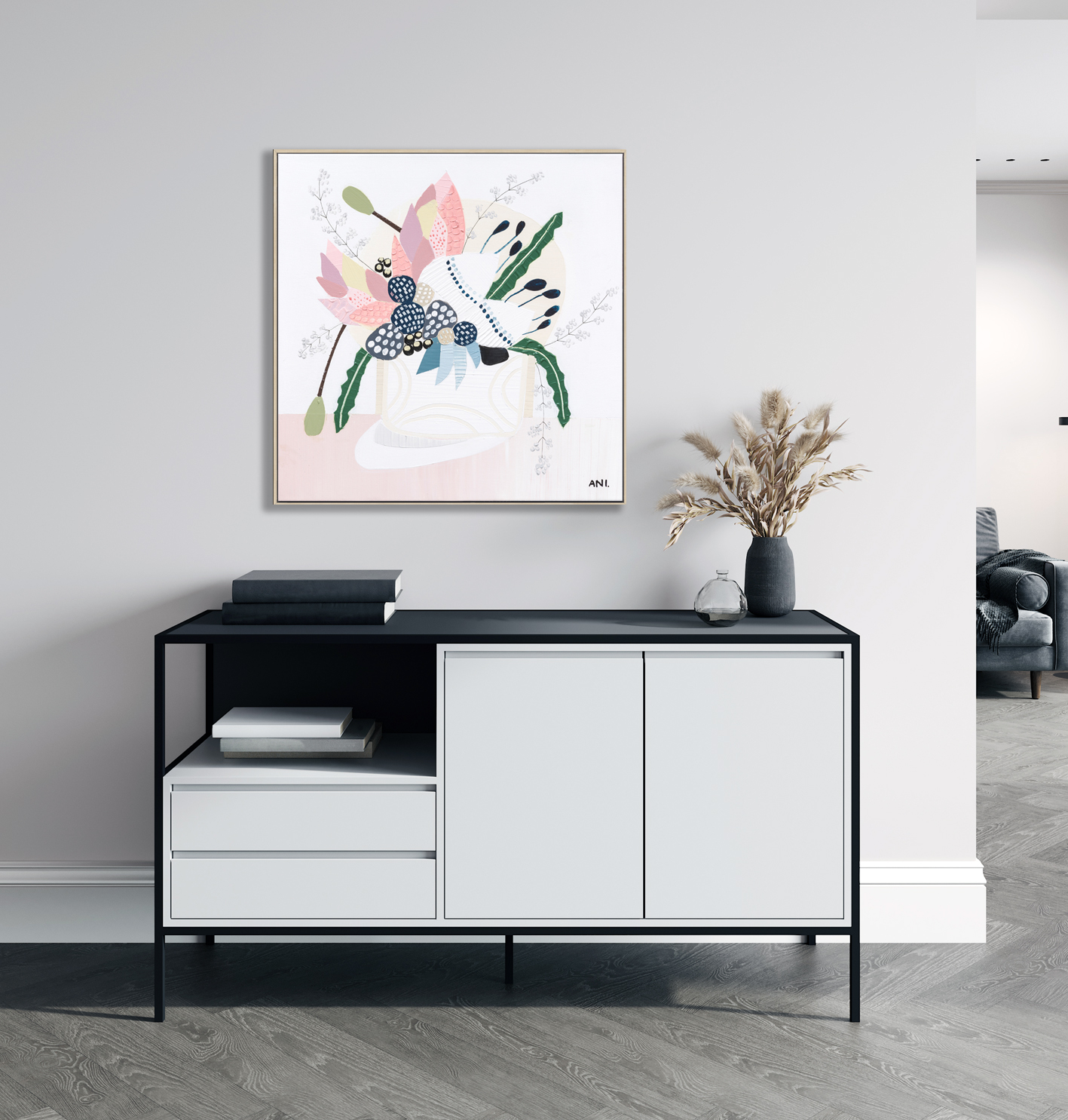 Home Interior With Console And Decoration, Living Room In Beige