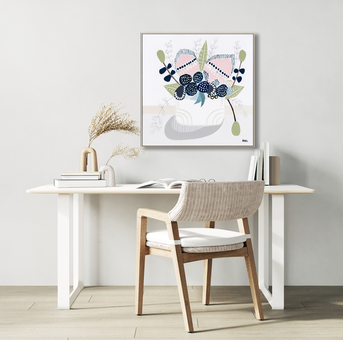 Elegant Light Beige Home Office Interior With Armchair And Empty