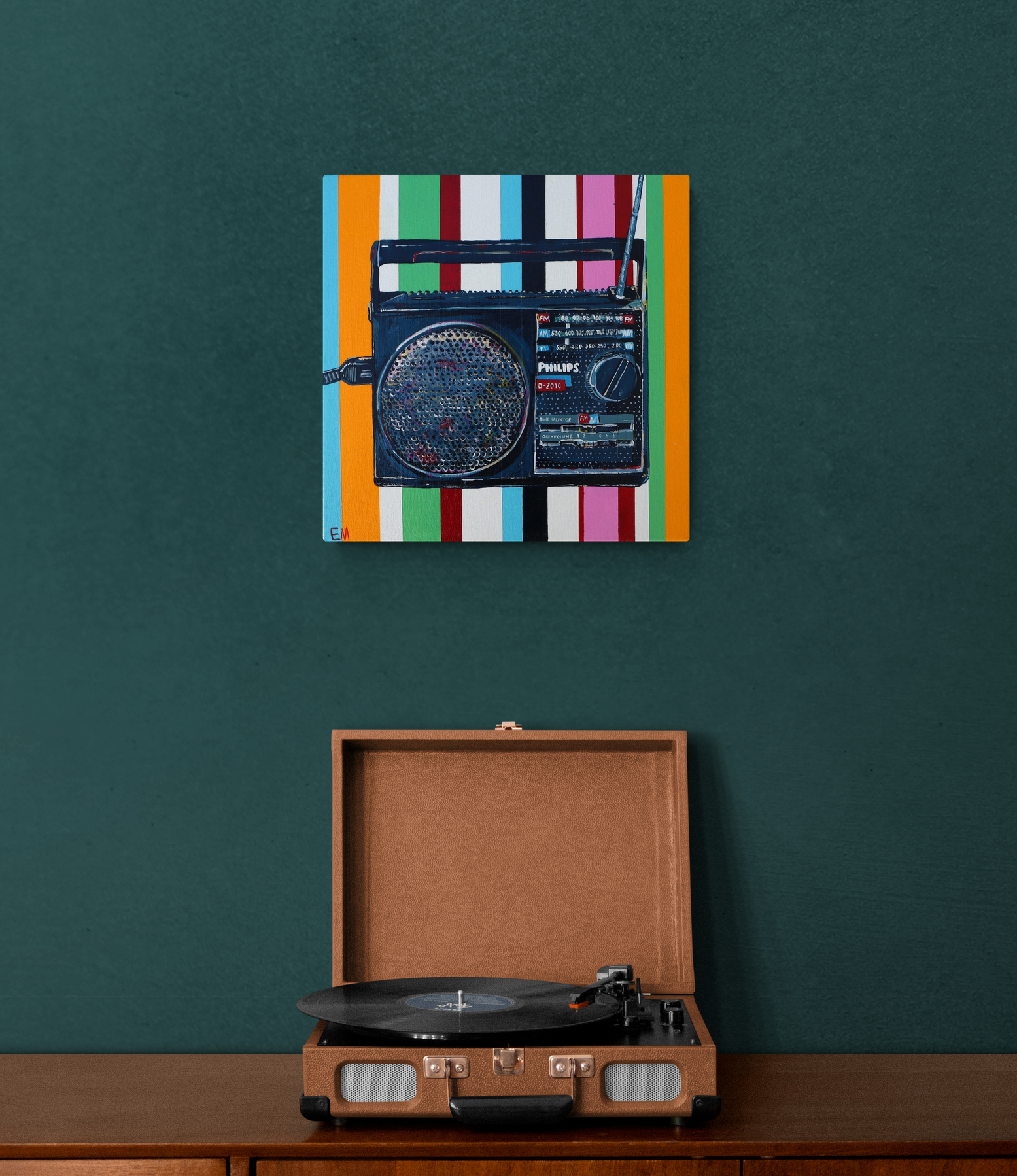 Retro Record Player On Wooden Cabinet