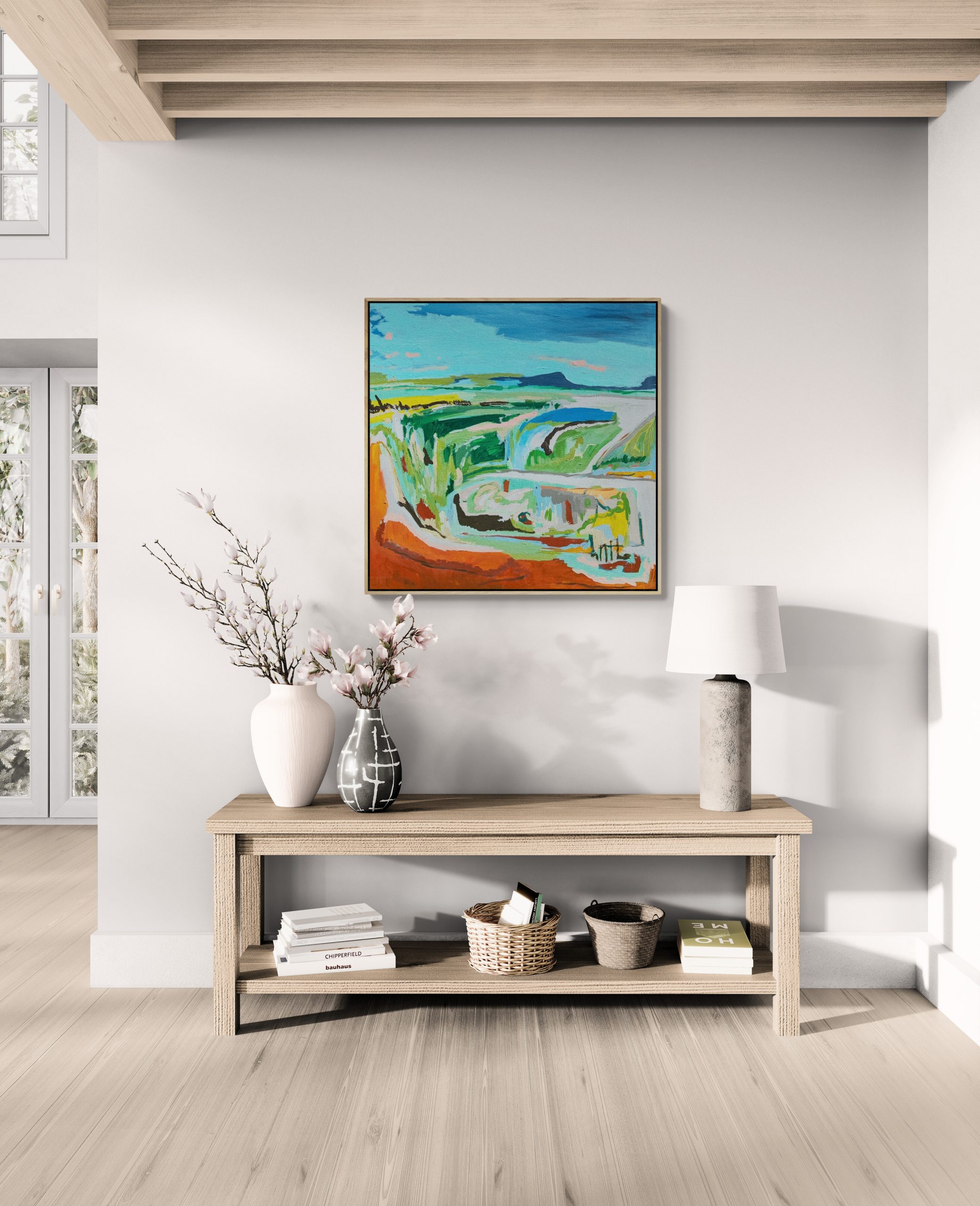 Living Area With Wooden Console Table