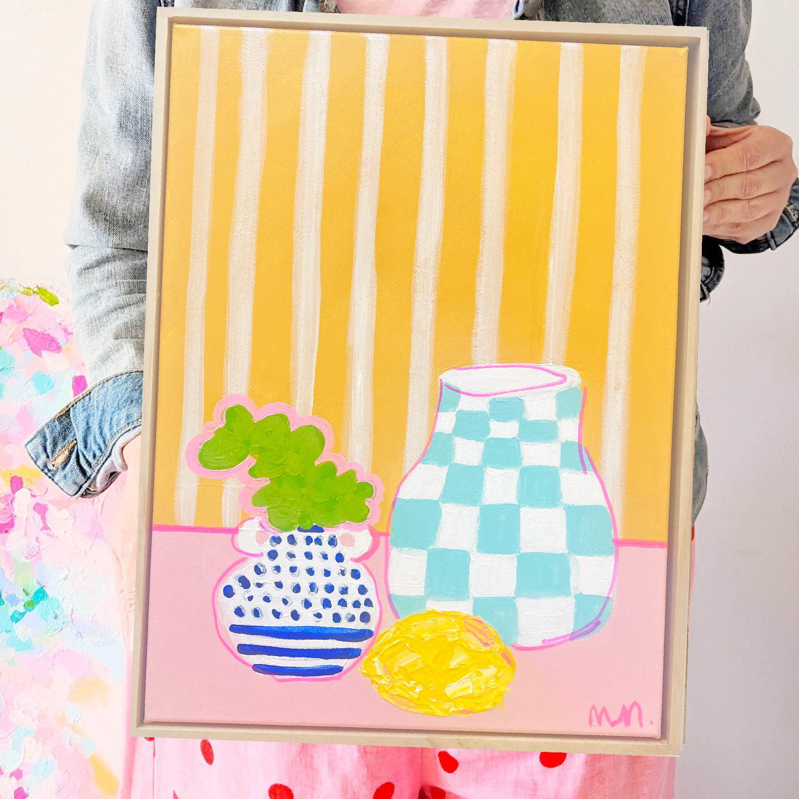 Chequered Pot On Pink Mm Mm