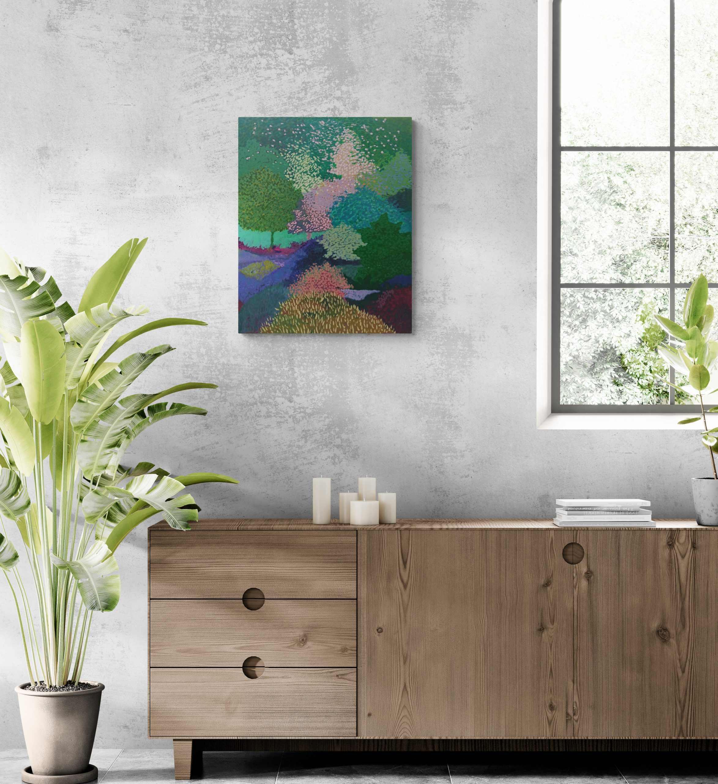 Room With Tropical Plant And Wooden Cabinet