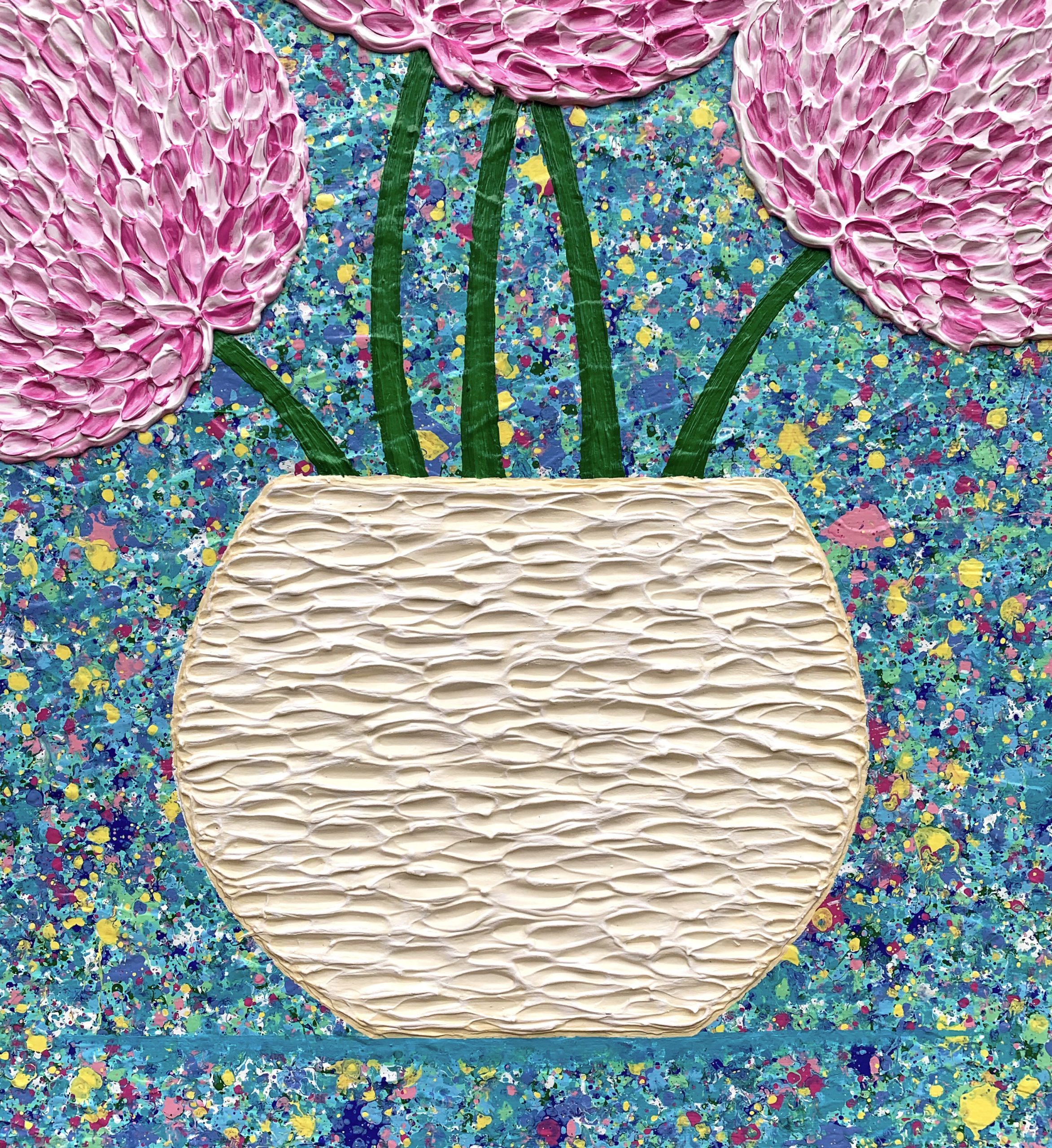 Close Up 2 Country Garden Pink Flowers In A Cream Vase 50 X 70cm