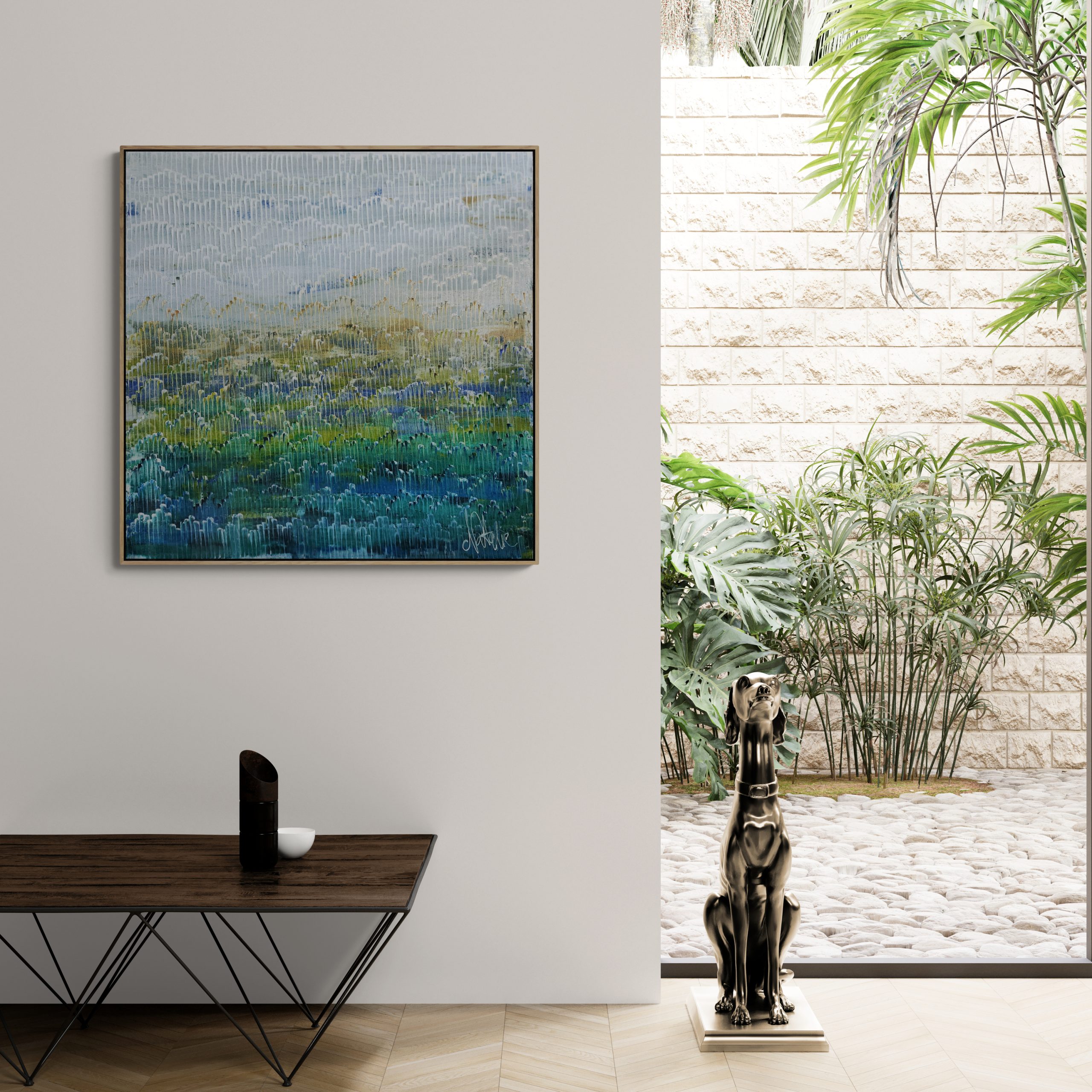 Modern Interior With Table And Dog Statue