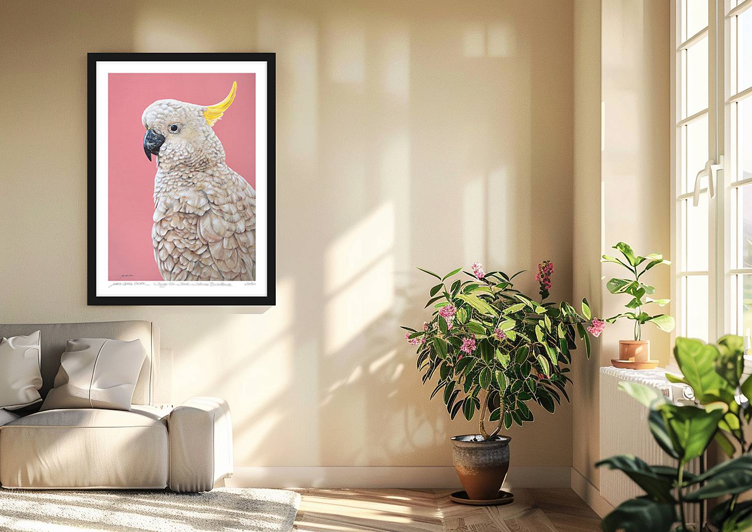 Pastel Portrait Sulphur Crested Cockatoo Charlie Ltd Ed Print By Marie Claire Colyer Framed In Situ