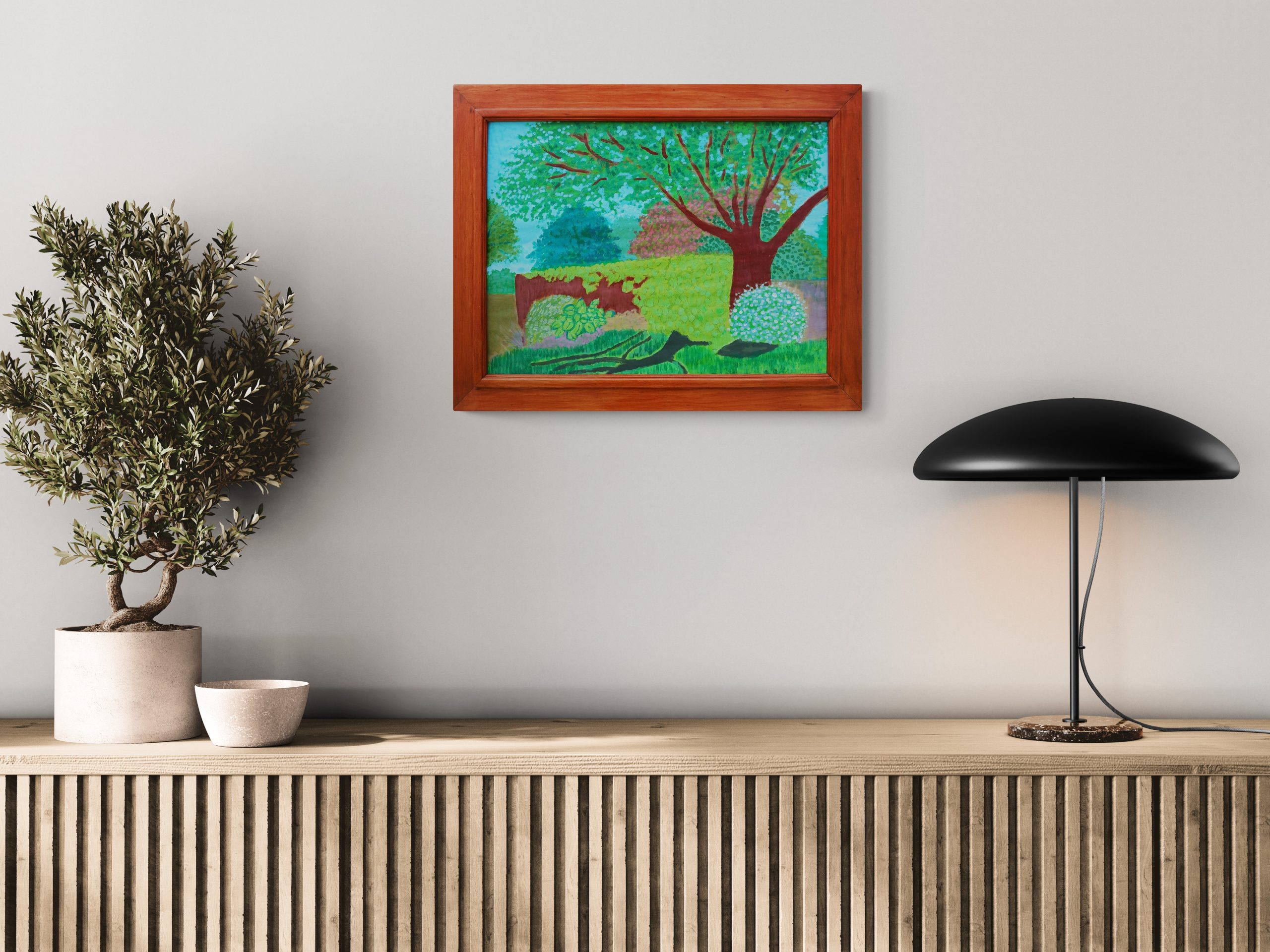 Cabinet With Potted Plant And Lamp