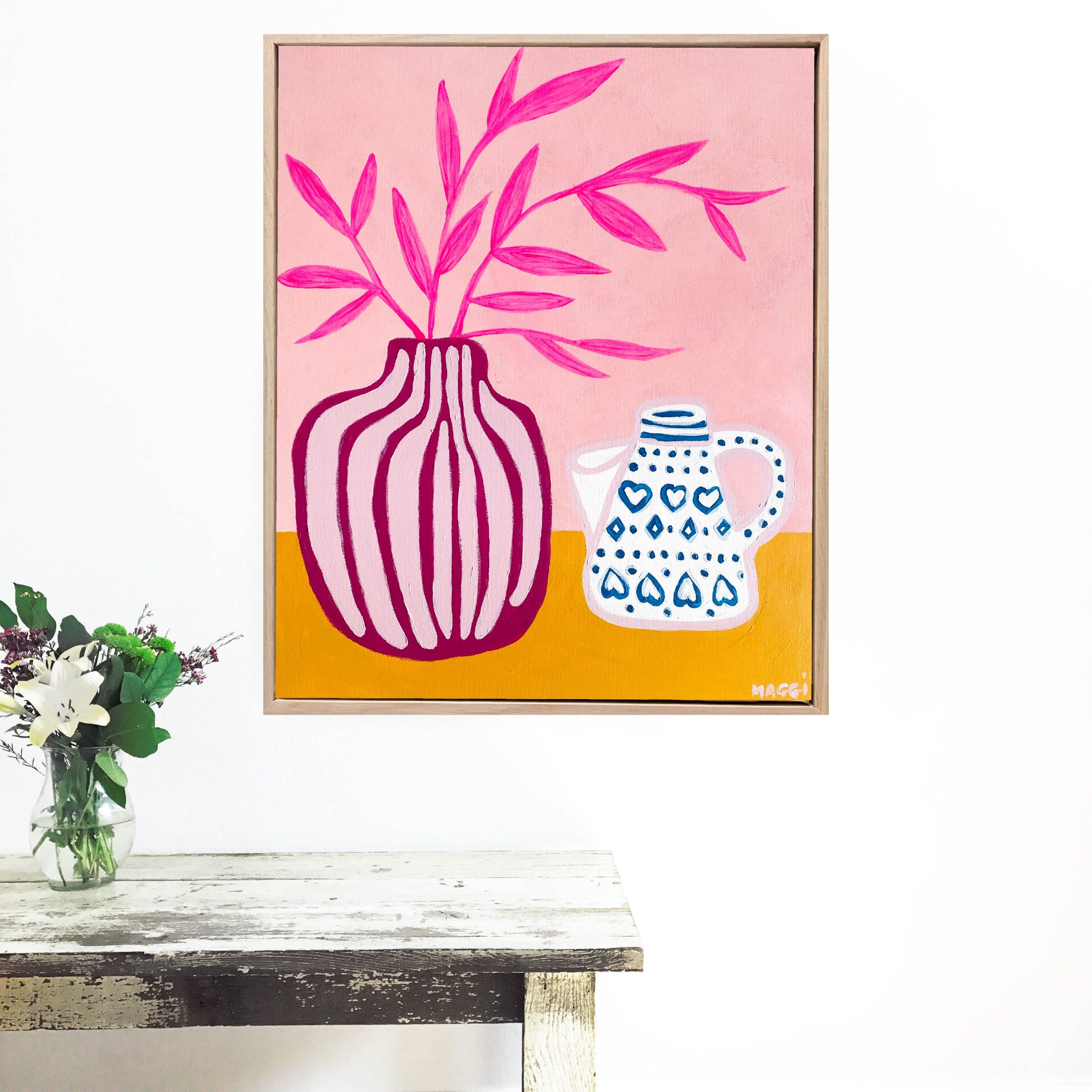 Stripey Pot With Pink Leaves Mm Mm Mm