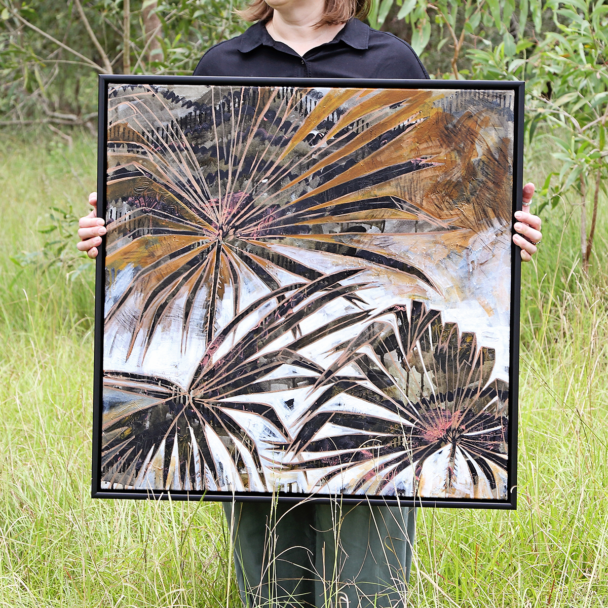 Lr 012 Cabbage Tree Palm Moment I Smith & Brooks Painting Of Palms Moody Coastal Art Matte Black Frame