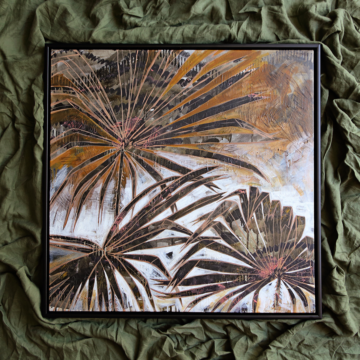 Lr 027 Cabbage Tree Palm Moment I Smith & Brooks Painting Of Palms Moody Coastal Art Matte Black Frame