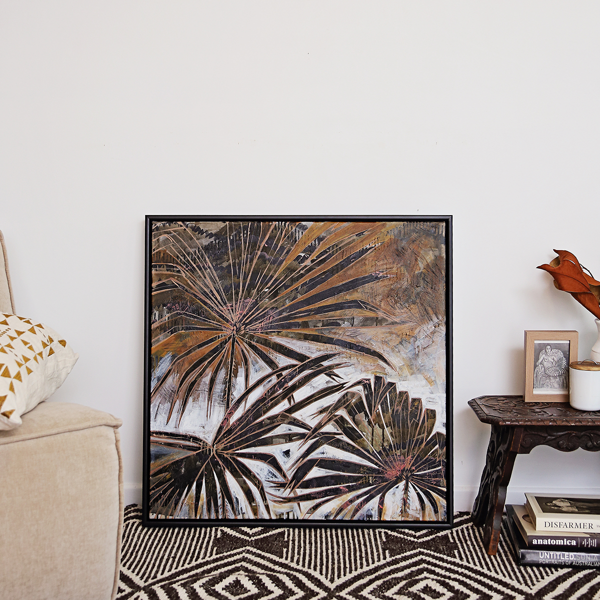 Lr 041 Cabbage Tree Palm Moment I Smith & Brooks Painting Of Palms Moody Coastal Art Matte Black Frame