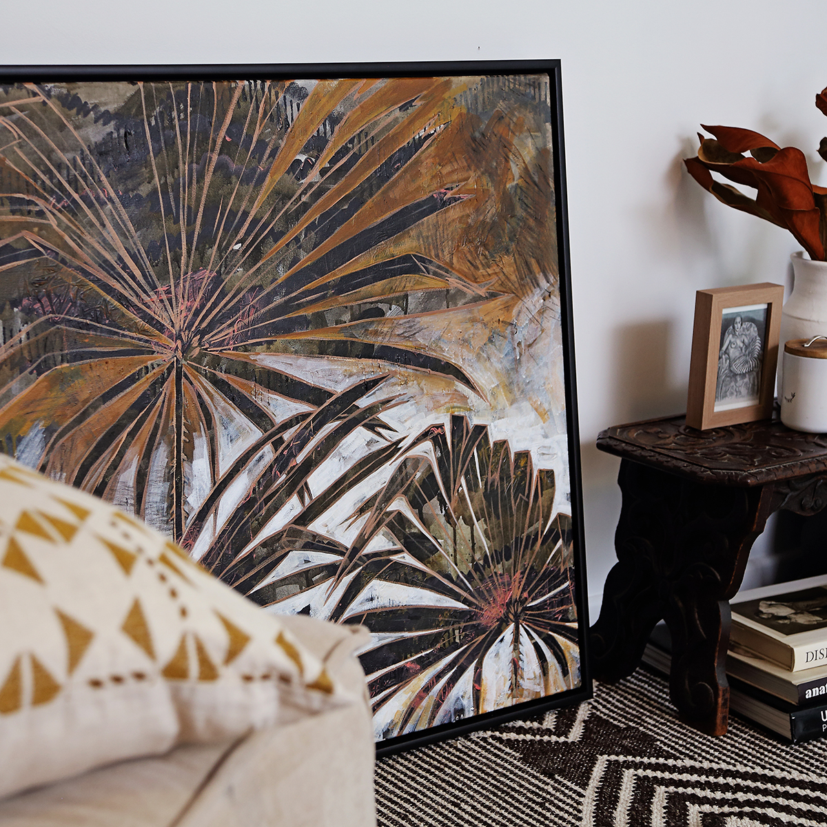 Lr 043 Cabbage Tree Palm Moment I Smith & Brooks Painting Of Palms Moody Coastal Art Matte Black Frame