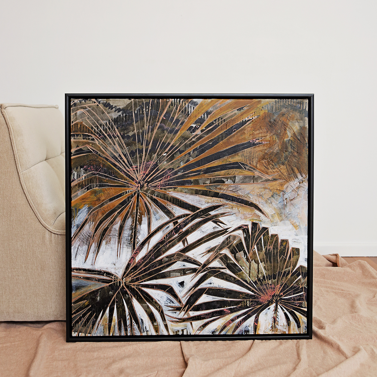 Lr 046 Cabbage Tree Palm Moment I Smith & Brooks Painting Of Palms Moody Coastal Art Matte Black Frame