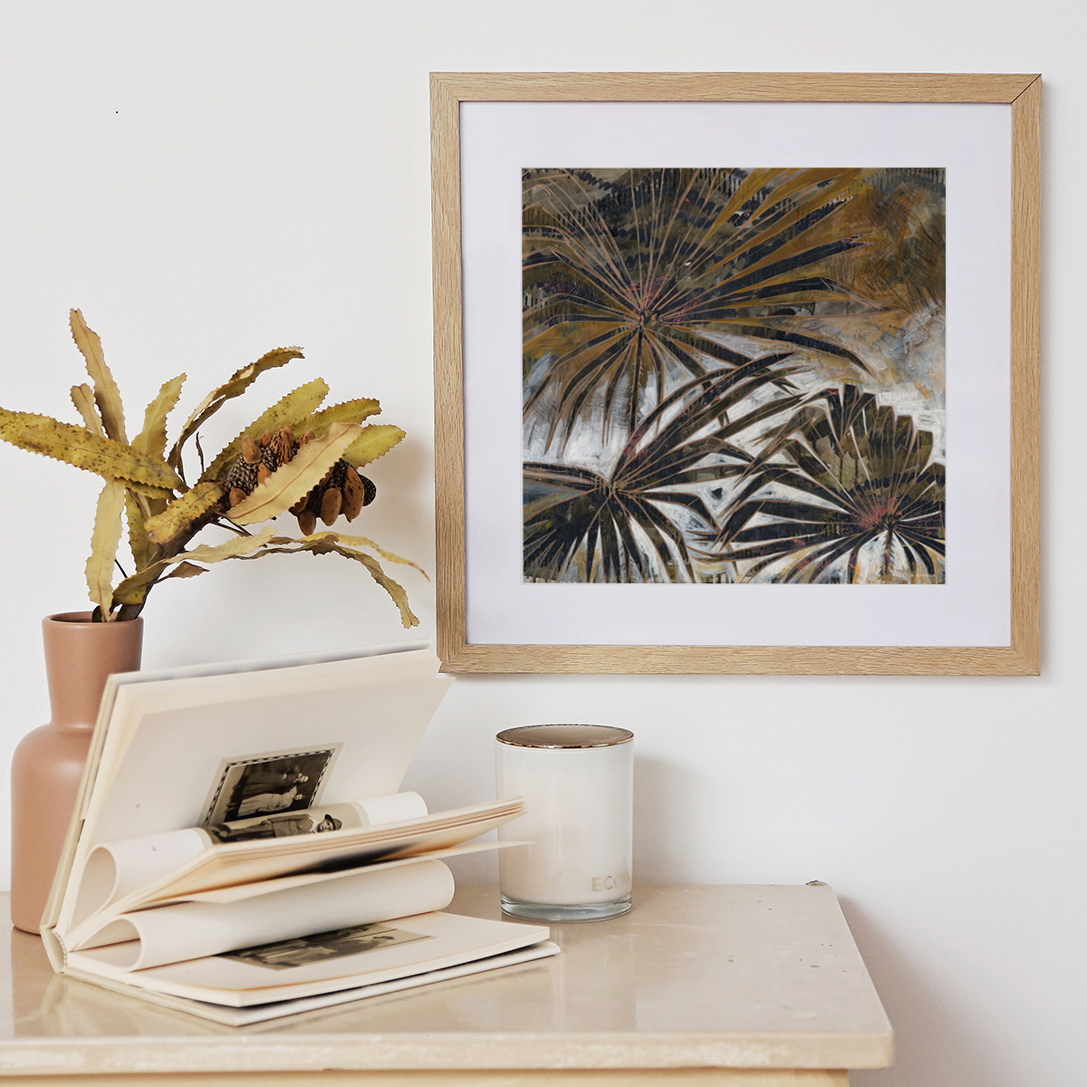 Lr 067 Cabbage Tree Palm Moment I Smith & Brooks Painting Of Palms Moody Coastal Art Matte Black Frame