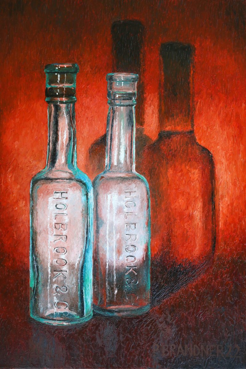 Vintage bottles on red
