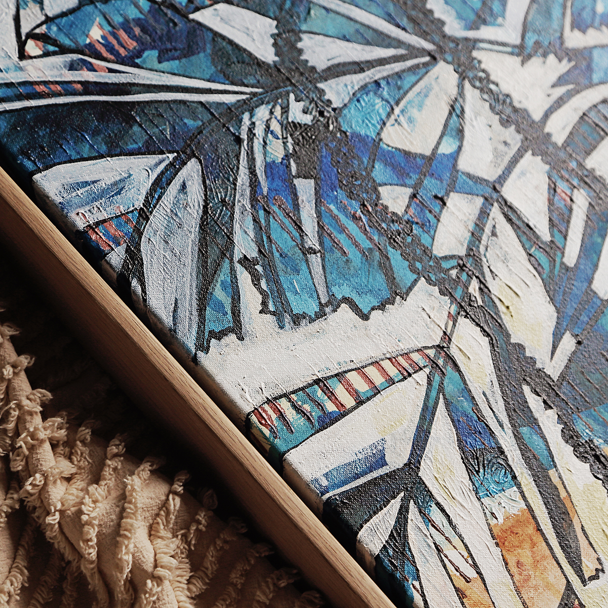 Lr 028 Walking Stick Palm Moment I Smith & Brooks Coastal Art White And Blue Statement Art Buy Local Art